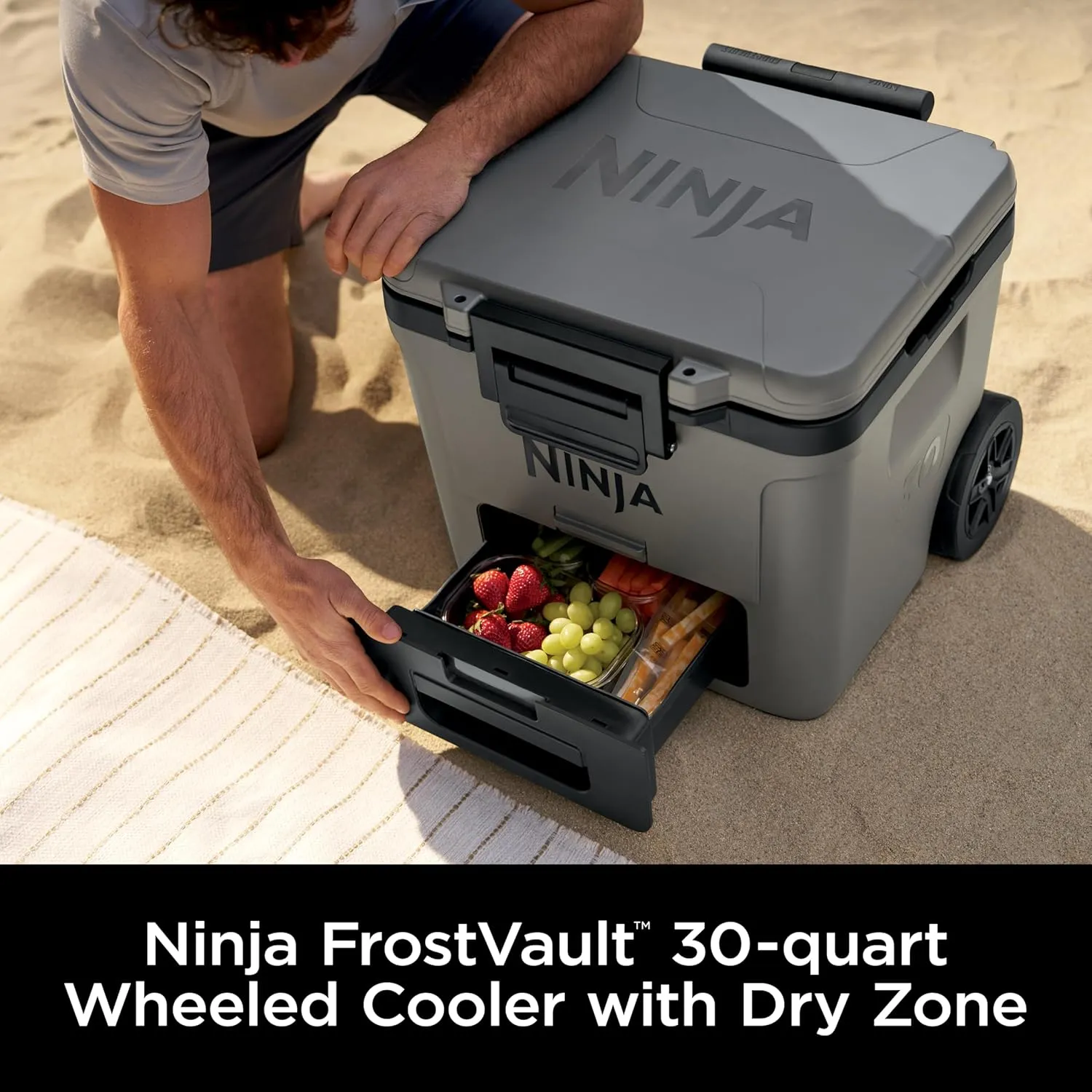 Ninja | Cooler | FrostVault 30QT Cooler with Wheels | Insulated with Temp Dry Storage Drawer | Keeps Ice Cold for Days | for The Beach, Camping, Picnics & More | Charcoal Gray | FB230CG