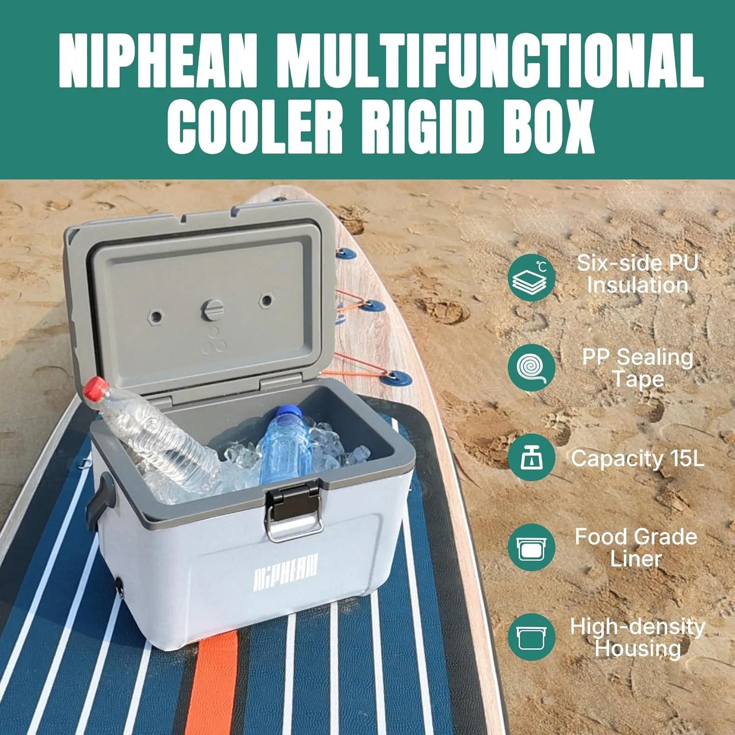 Niphean 4-Layer Insulated Paddle Board Cooler Box - 60 Hours Ice Retention, Convertible Seat on Paddle Board with D-Ring, 15-Liter Rigid Kayak Cooler for Camping, Beach, Kayaking