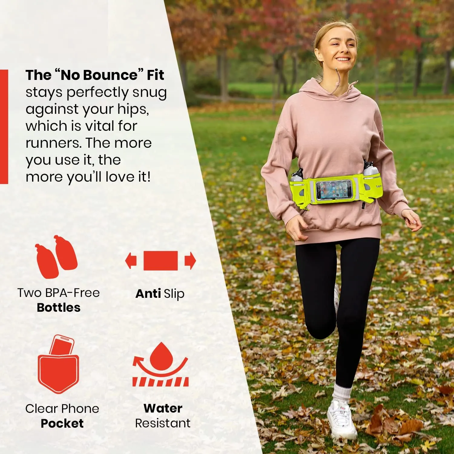 No.1 Hydration Belt by Runtasty - Premium Running Fuel Belt w/2 BPA-Free 10 oz Water Bottles, Tilt-Up Pocket w/Touchscreen-Ready Cover - Fits All iPhones, Runners Ebook & No-Bounce Design