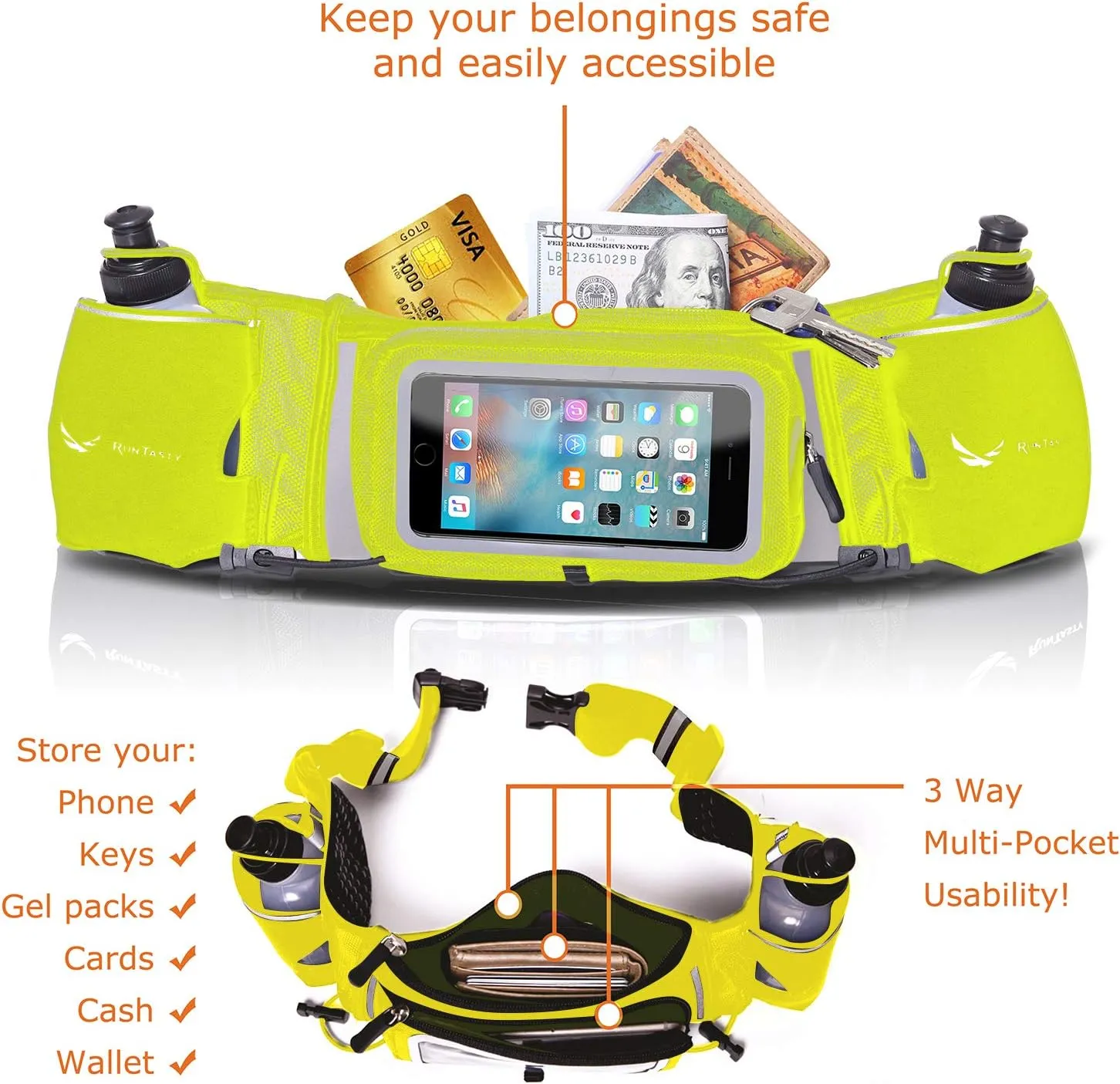 No.1 Hydration Belt by Runtasty - Premium Running Fuel Belt w/2 BPA-Free 10 oz Water Bottles, Tilt-Up Pocket w/Touchscreen-Ready Cover - Fits All iPhones, Runners Ebook & No-Bounce Design