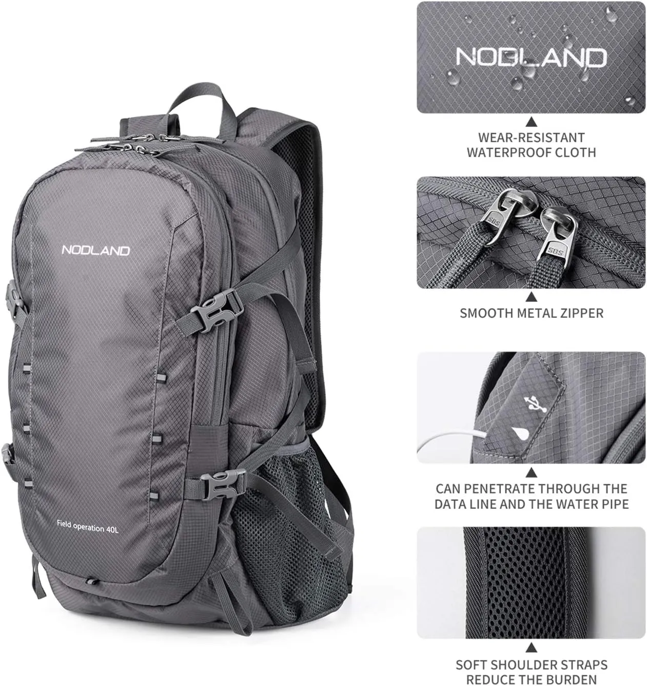 NODLAND 40L Lightweight Foldable Waterproof Backpack for Travel