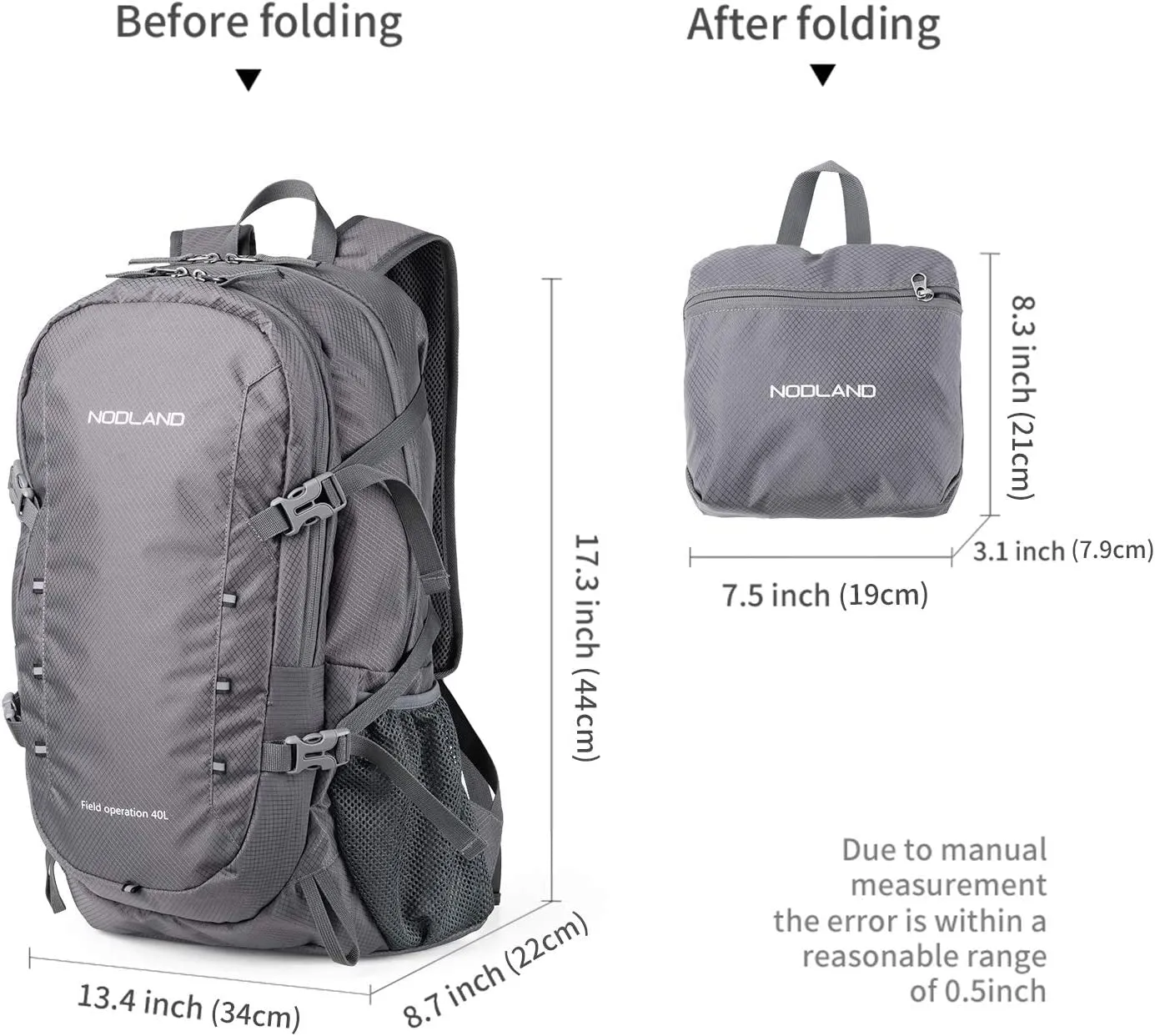 NODLAND 40L Lightweight Foldable Waterproof Backpack for Travel