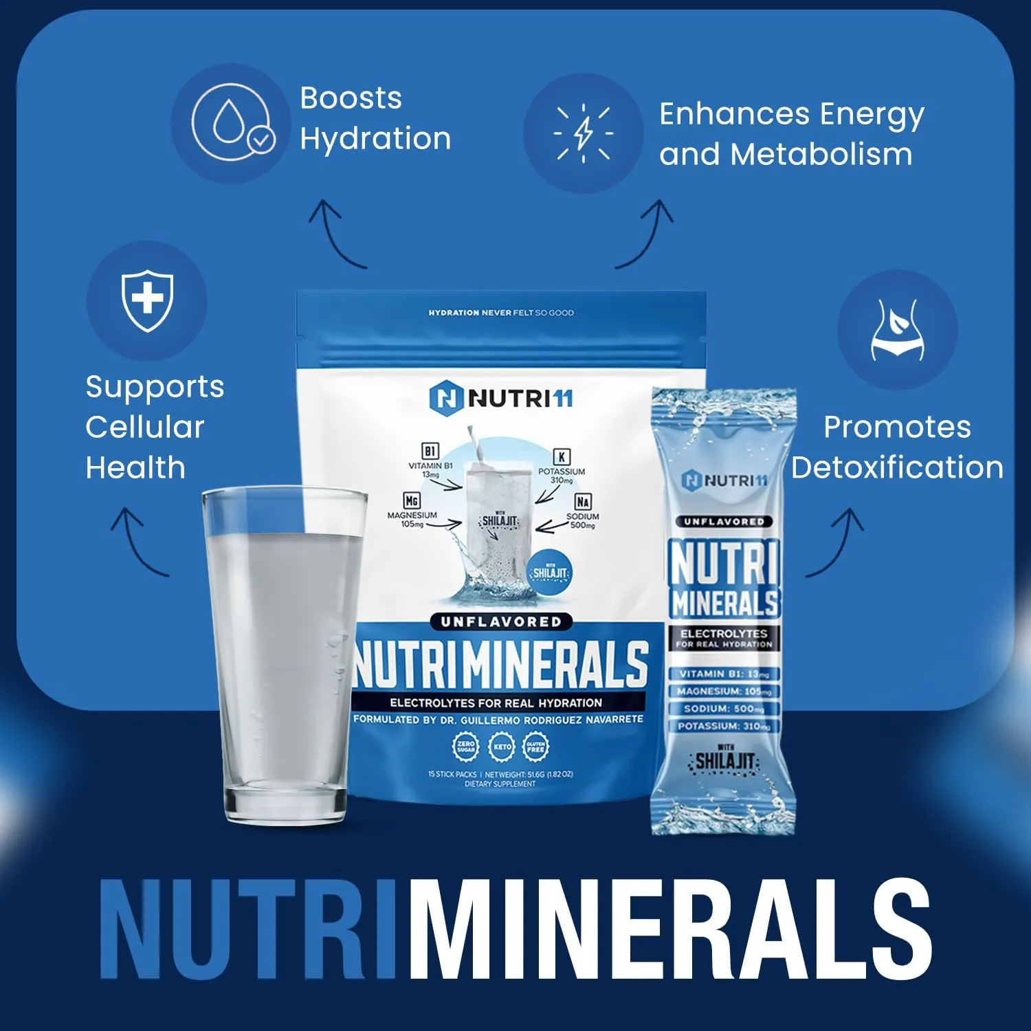 NUTRIMINERALS Hydration Electrolyte Powder | Advanced Vitamin B1, Shilajit & Pink Himalayan Salt | Zero Sugar | 15 Stick Packs | Clean Energy, Recovery & Detox Support (15 Sticks Pack, Unflavored)
