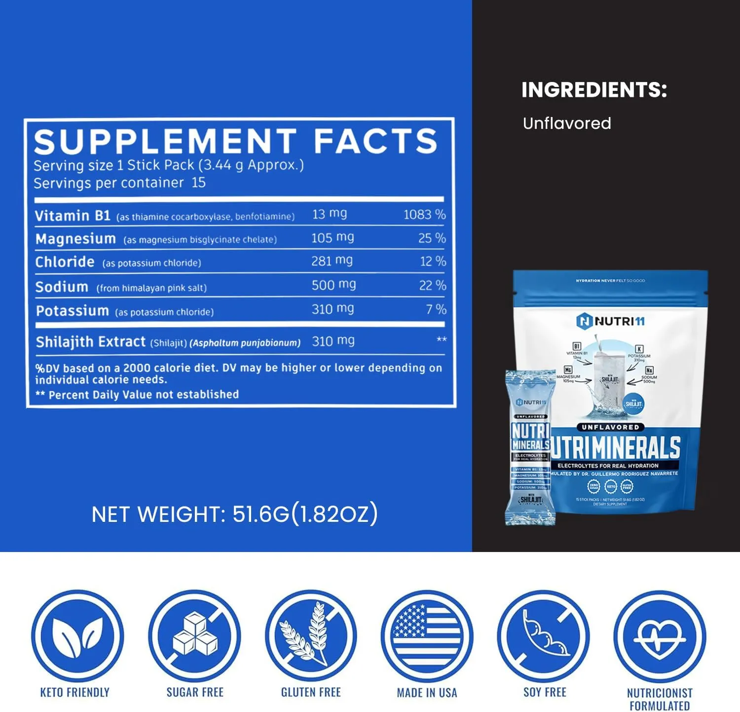 NUTRIMINERALS Hydration Electrolyte Powder | Advanced Vitamin B1, Shilajit & Pink Himalayan Salt | Zero Sugar | 15 Stick Packs | Clean Energy, Recovery & Detox Support (15 Sticks Pack, Unflavored)