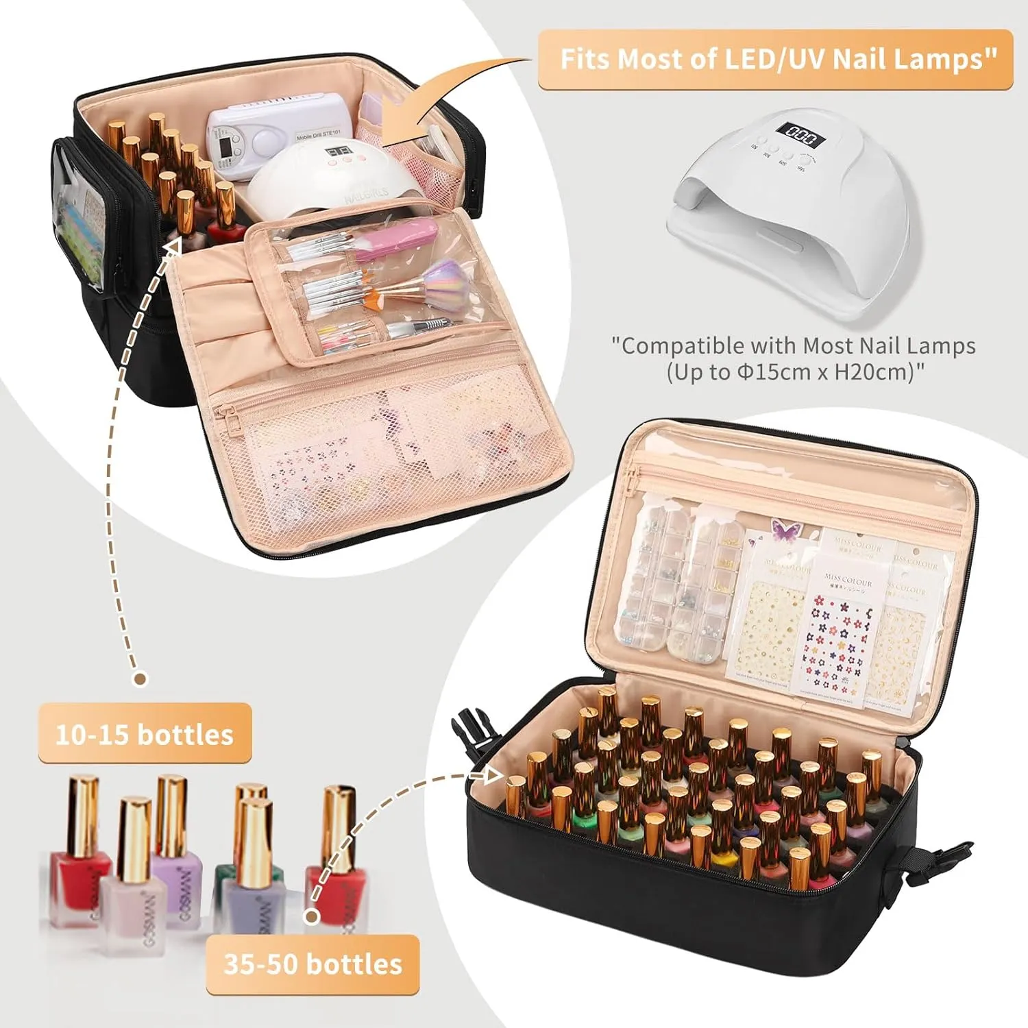 OCHEAL Nail Polish Organizer, Holds Nail Lamp and 45  Bottles 2-in-1 Nail Polish Storage Case,Detachable Nail Techs Gel Kit Supplies Carring Bag for Manicurist Tools 45-Slot Nail Holder-Black