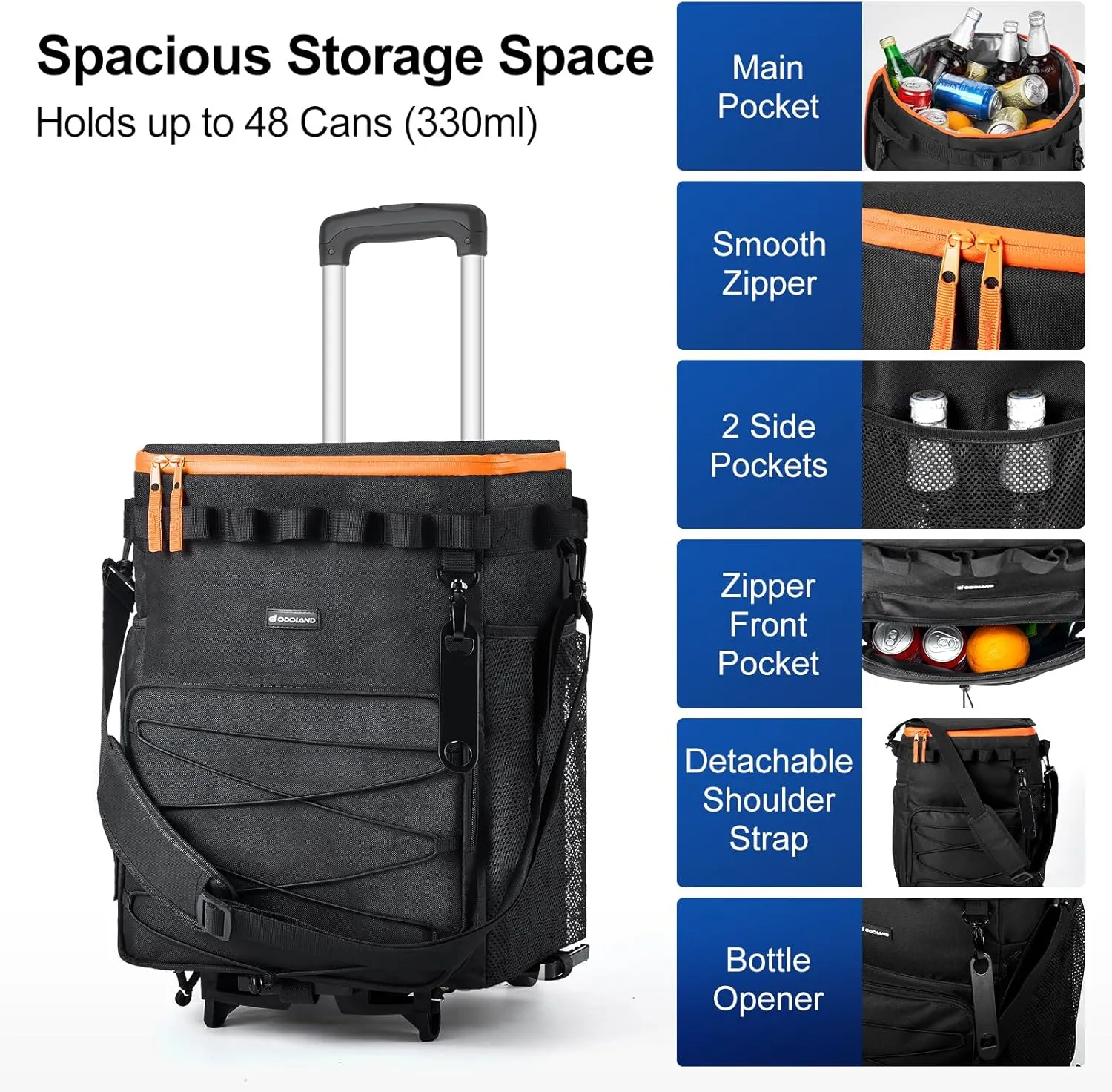 Odoland 48/72 Cans Soft Cooler with Wheels and Handle Collapsible Ice Chest Rolling Coolers on Wheels for Beach Camping Travel and Picnic