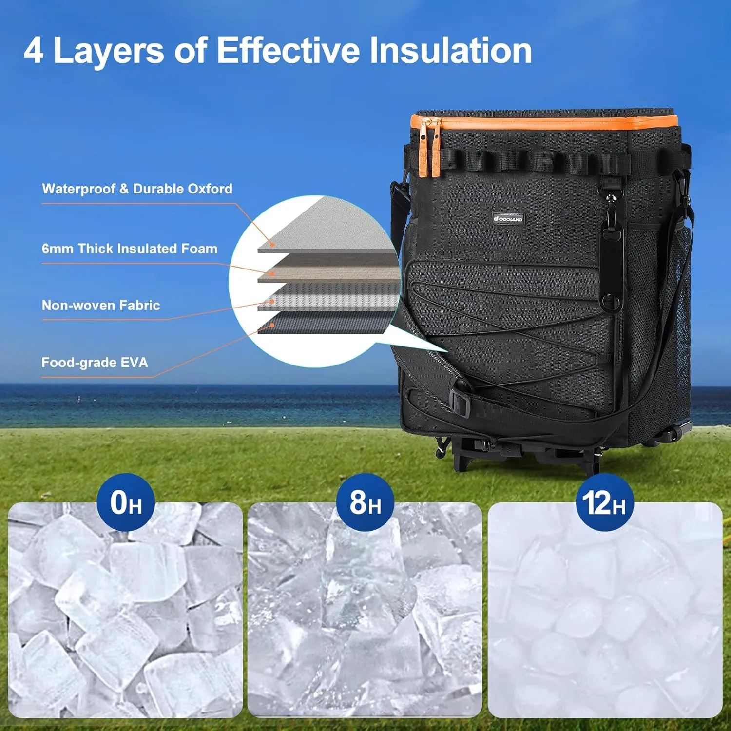 Odoland 48/72 Cans Soft Cooler with Wheels and Handle Collapsible Ice Chest Rolling Coolers on Wheels for Beach Camping Travel and Picnic