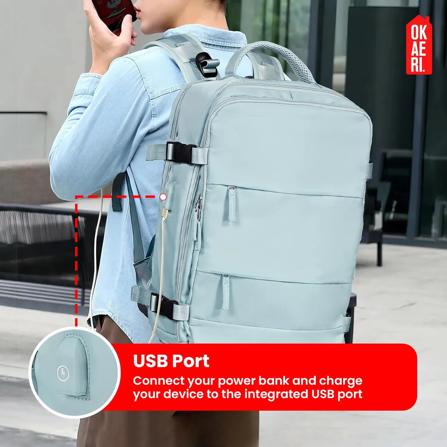 OKAERI. Extra Large Travel Backpack 40L Women Men Carry On USB Port Shoe Pouch Flight Approved Hiking Waterproof Outdoor Sports Rucksack Casual Daypack Travel Essential 18"x12" x8" (PINK)
