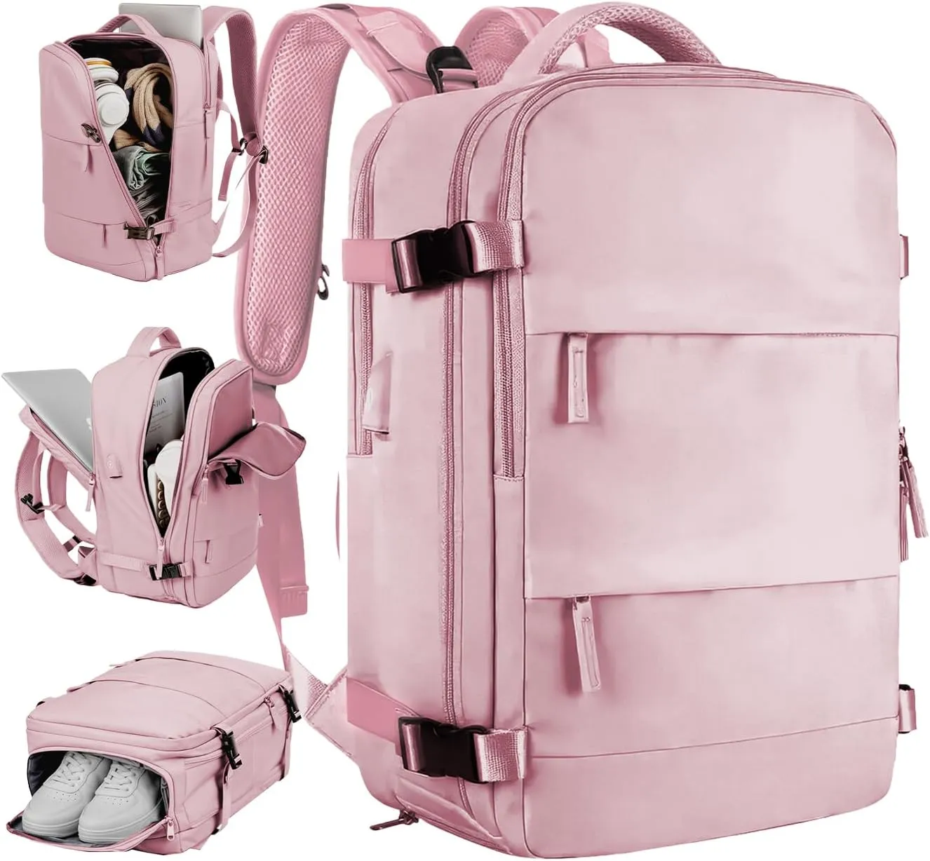 OKAERI. Extra Large Travel Backpack 40L Women Men Carry On USB Port Shoe Pouch Flight Approved Hiking Waterproof Outdoor Sports Rucksack Casual Daypack Travel Essential 18"x12" x8" (PINK)