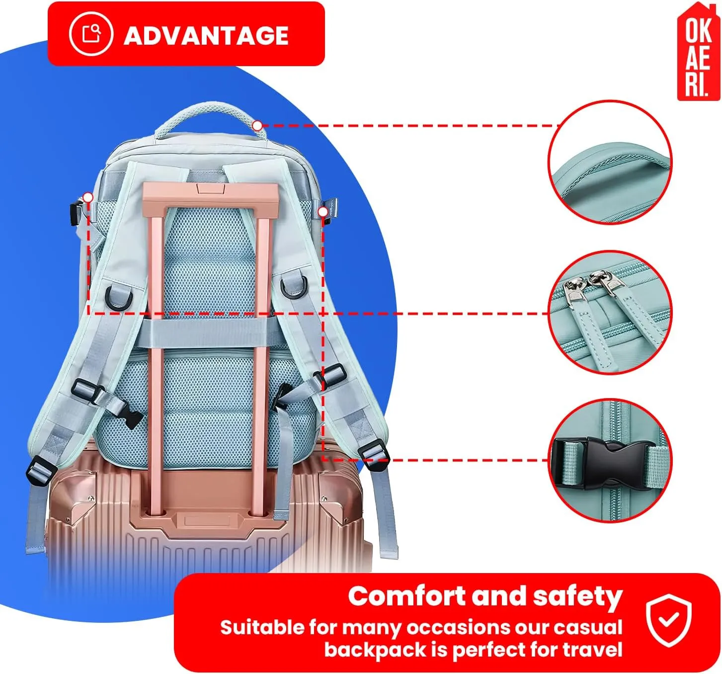 OKAERI. Extra Large Travel Backpack 40L Women Men Carry On USB Port Shoe Pouch Flight Approved Hiking Waterproof Outdoor Sports Rucksack Casual Daypack Travel Essential 18"x12" x8" (PINK)