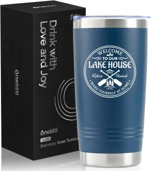 Onebttl Lake House Gifts, Lake Life Gifts for Women/Men, 20oz Insulated Tumbler, Perfect for Boat Owner/Lake Lovers - Welcome to our Lake House (Blue)
