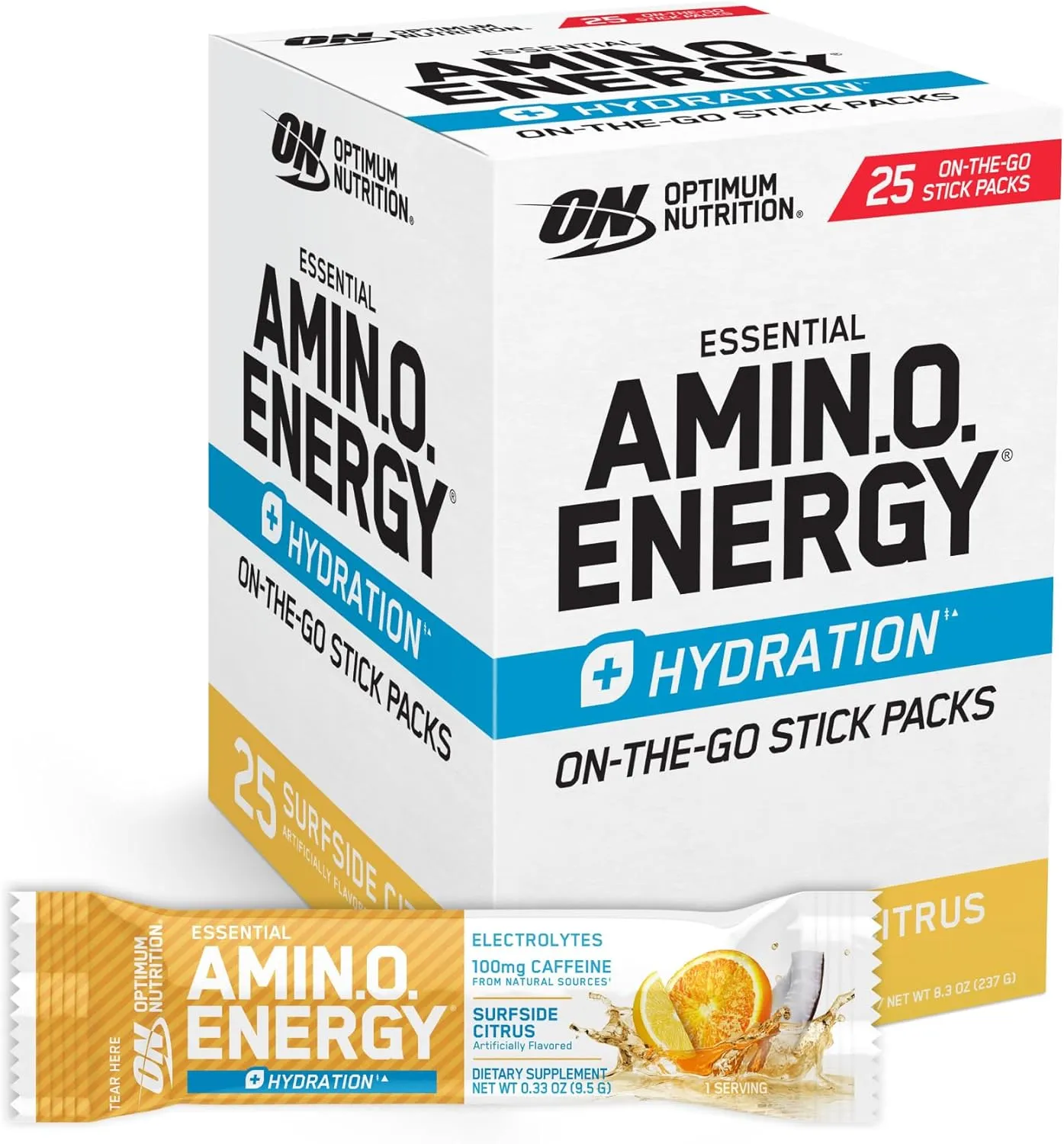 Optimum Nutrition Amino Energy Plus Hydration Packets, On-The-Go Energy Powder Stick Packs, Surfside Citrus, 25 Count