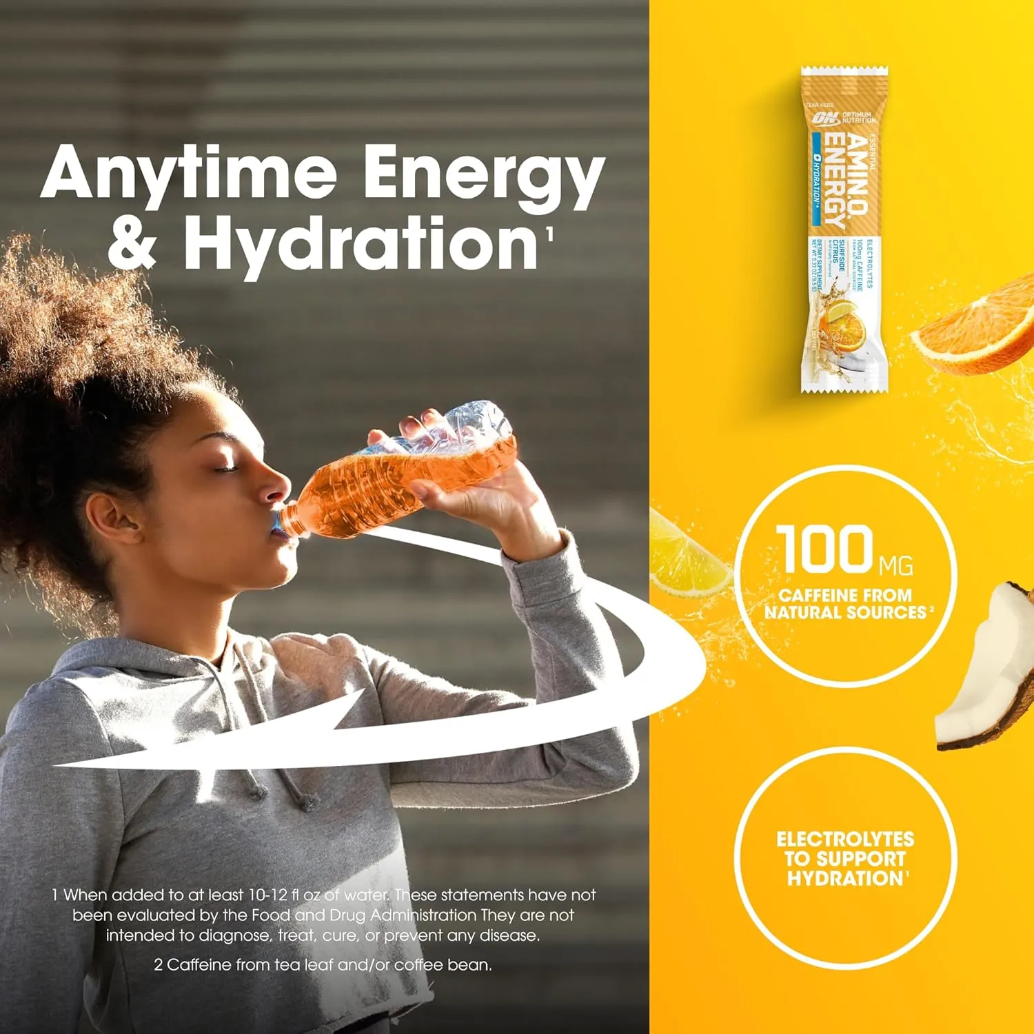 Optimum Nutrition Amino Energy Plus Hydration Packets, On-The-Go Energy Powder Stick Packs, Surfside Citrus, 25 Count