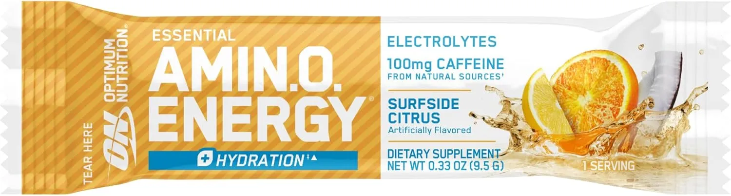 Optimum Nutrition Amino Energy Plus Hydration Packets, On-The-Go Energy Powder Stick Packs, Surfside Citrus, 25 Count