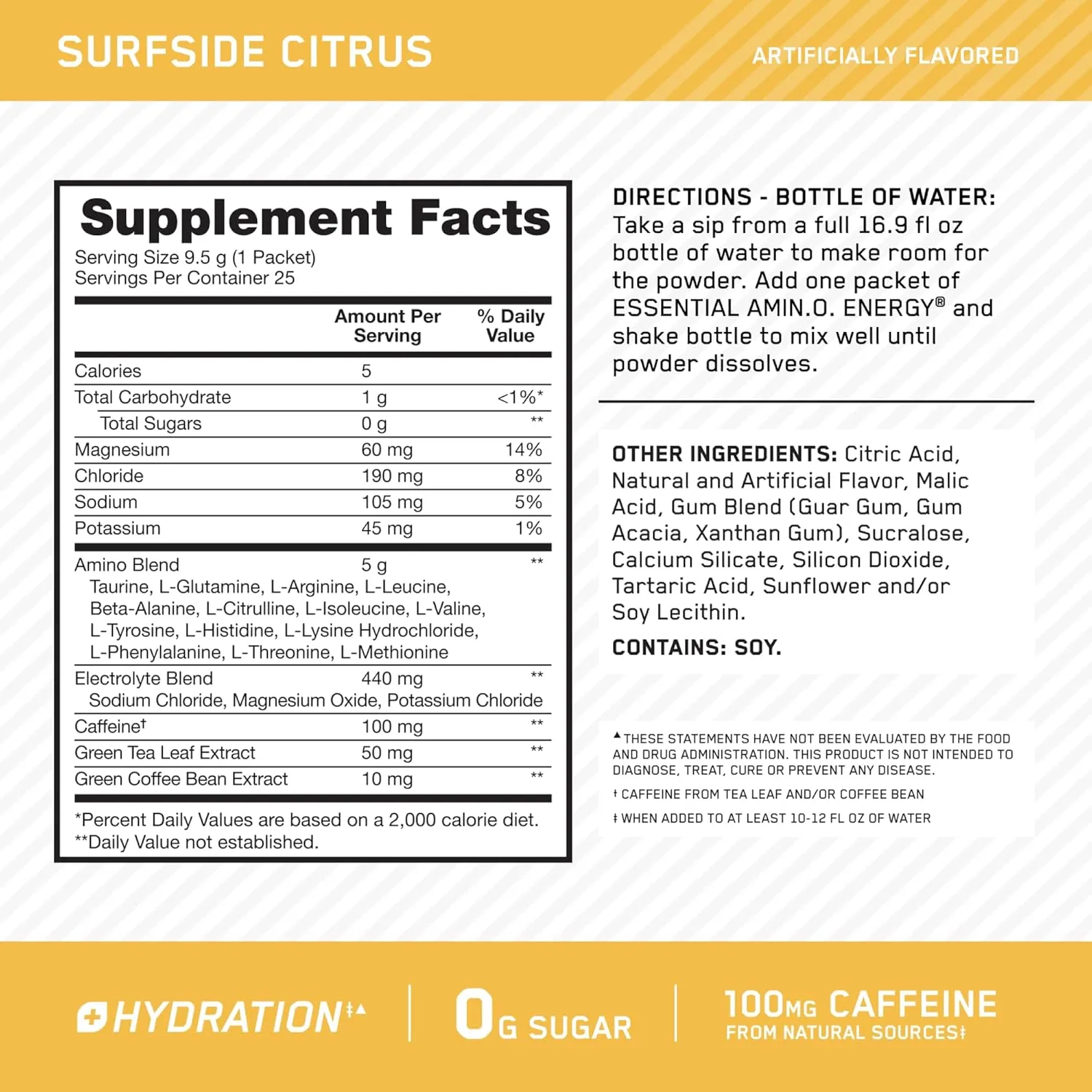 Optimum Nutrition Amino Energy Plus Hydration Packets, On-The-Go Energy Powder Stick Packs, Surfside Citrus, 25 Count