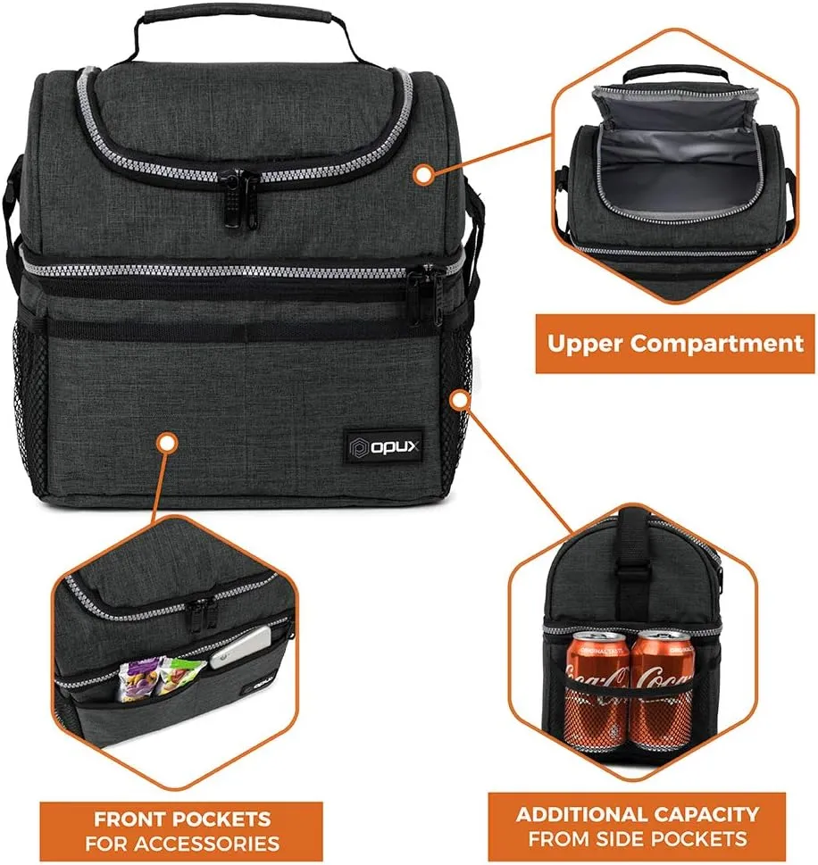 OPUX Lunch Box For Men Women, Insulated Large Double Decker Lunch Bag, Charcoal Gray, 10x7.5x10 Inches