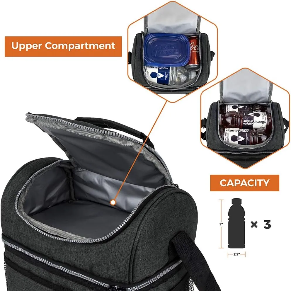 OPUX Lunch Box For Men Women, Insulated Large Double Decker Lunch Bag, Charcoal Gray, 10x7.5x10 Inches