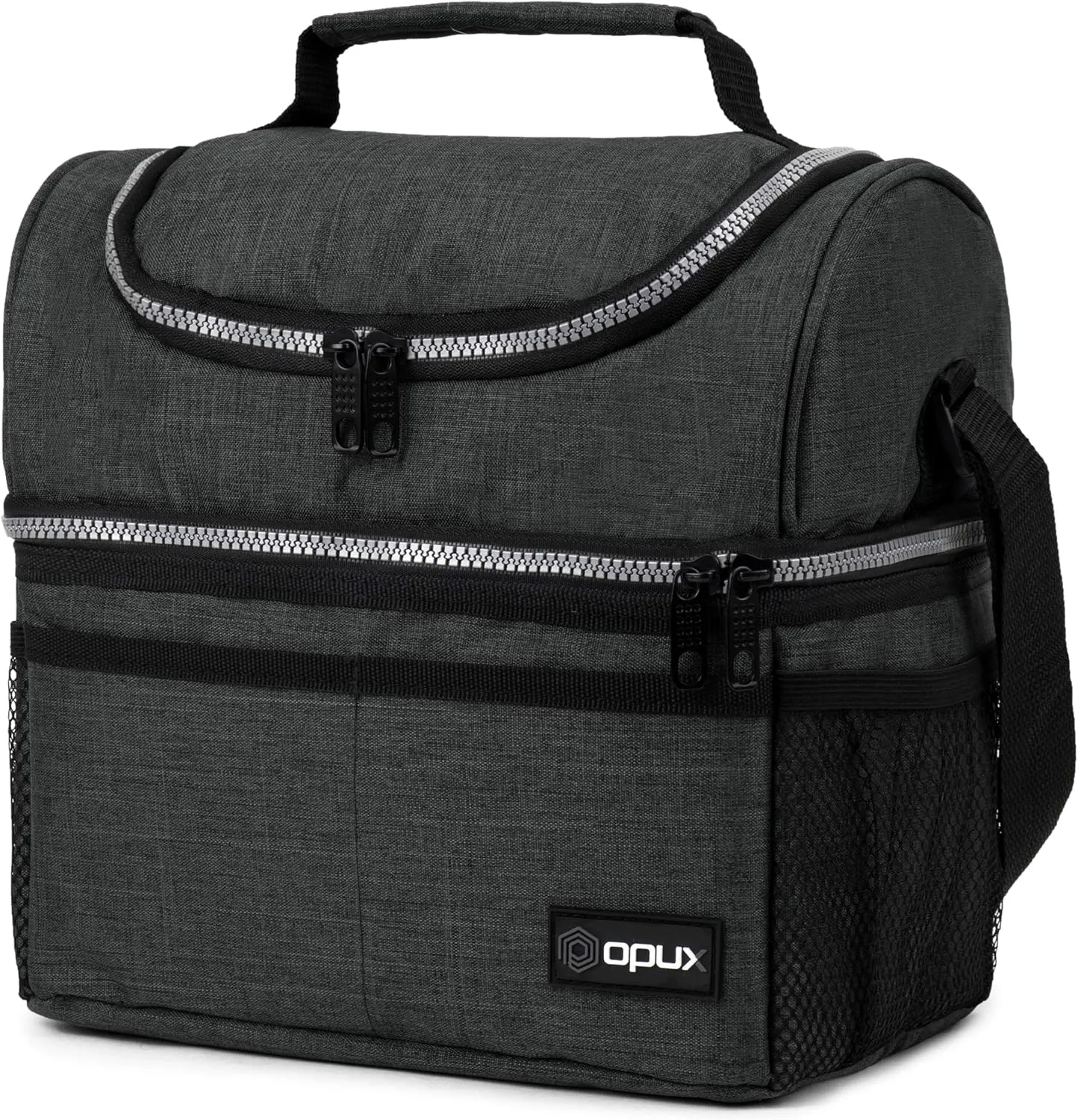 OPUX Lunch Box For Men Women, Insulated Large Double Decker Lunch Bag, Charcoal Gray, 10x7.5x10 Inches