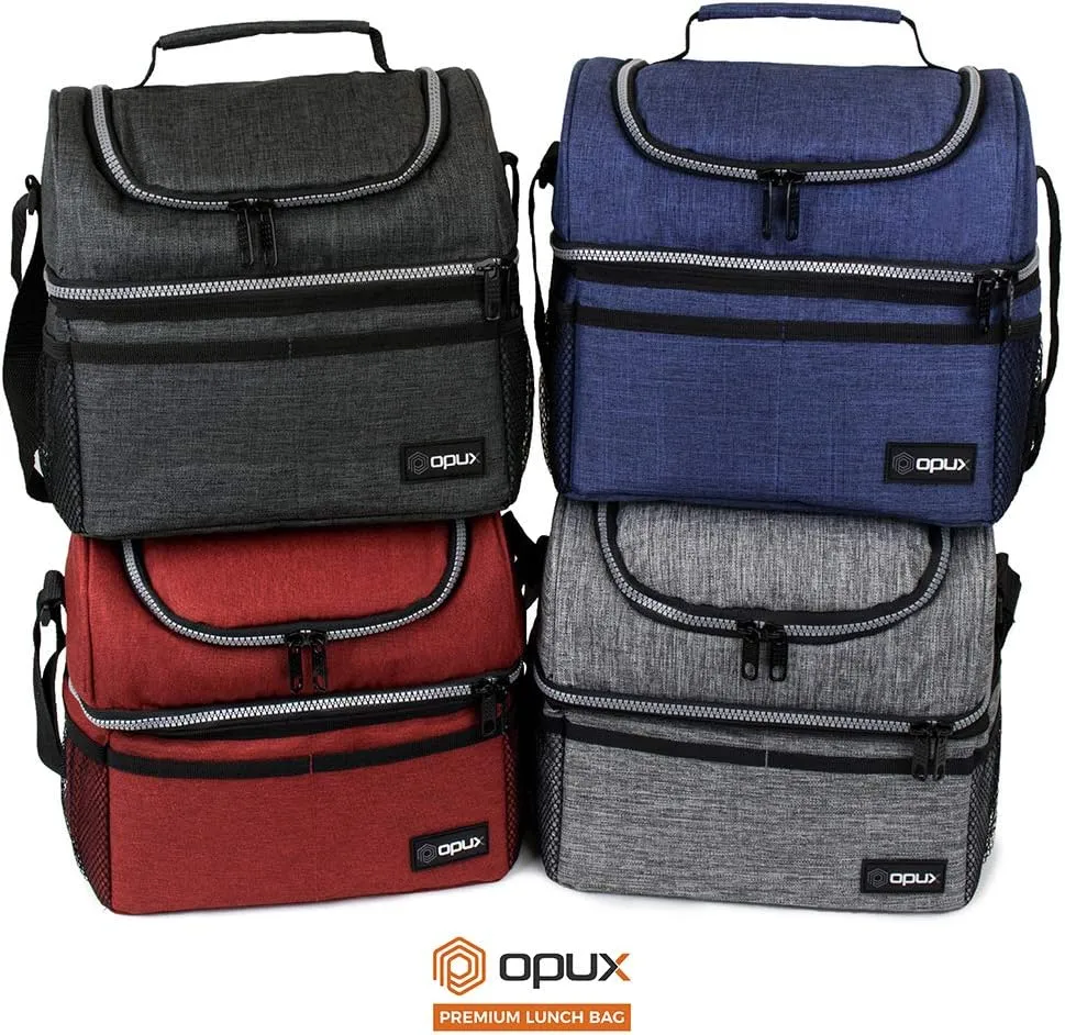 OPUX Lunch Box For Men Women, Insulated Large Double Decker Lunch Bag, Charcoal Gray, 10x7.5x10 Inches