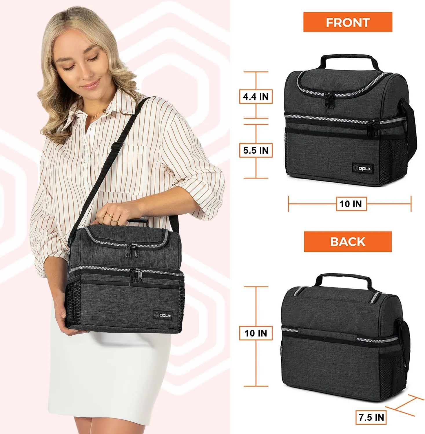OPUX Lunch Box For Men Women, Insulated Large Double Decker Lunch Bag, Charcoal Gray, 10x7.5x10 Inches