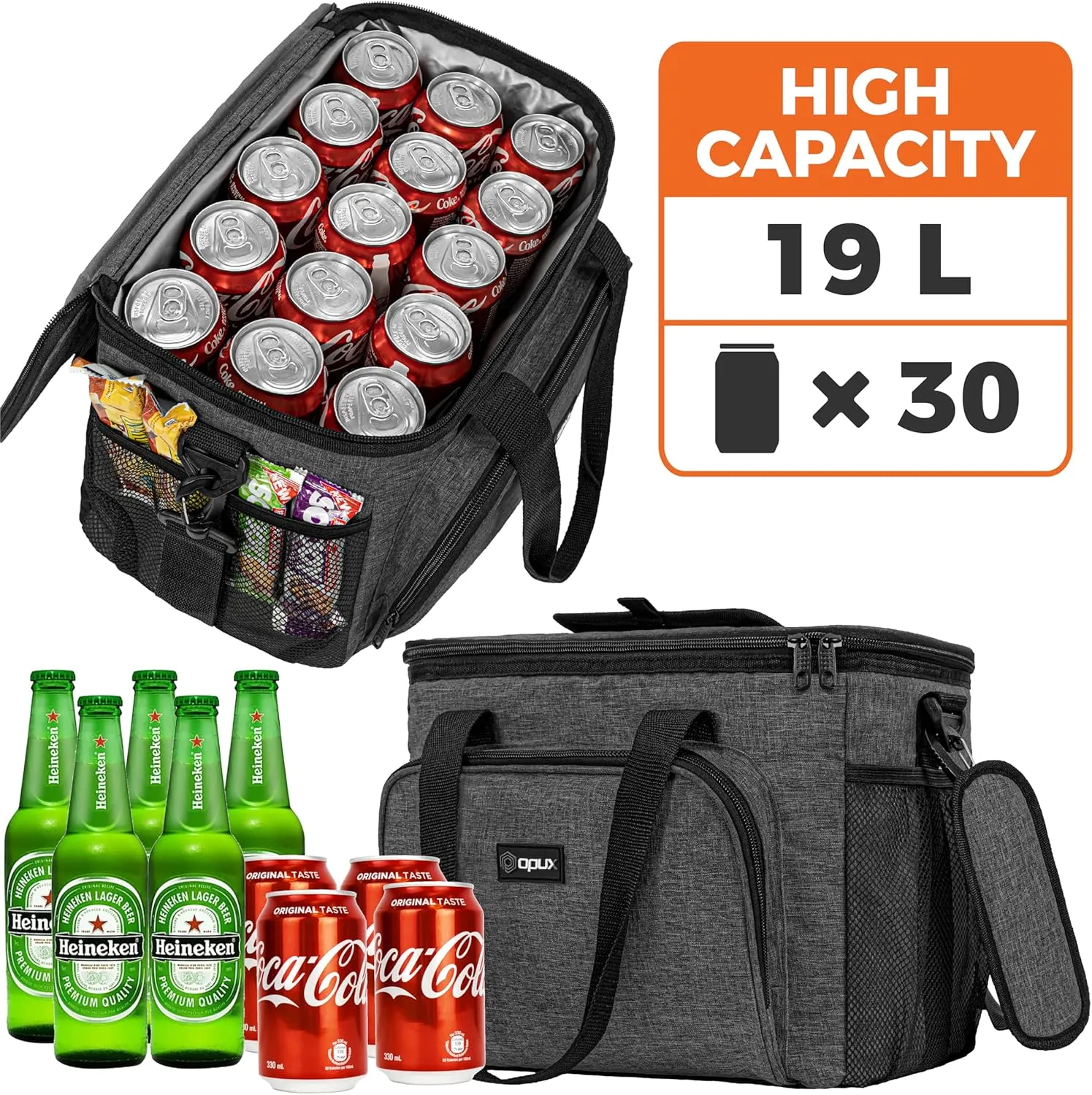 OPUX Soft Cooler Bag, Insulated Collapsible Lunch Cooler Tote for Men Work Camping Beach Travel, Portable Soft Sided Leakproof Waterproof Large Lunch Bag Box with Shoulder Strap 30 Cans, Charcoal Gray