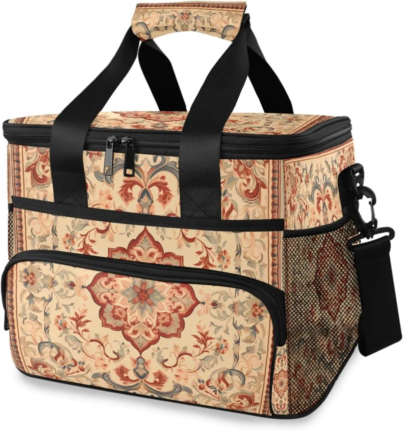 Orange Mandala Floral Aztec Boho Africa Cooler Bag Insulated Cooler Soft Sided Cooler 24 Can Portable Picnic Bag Large Leakproof Lunch Bag Box for Beach Grocery Camping Travel Car Men Women