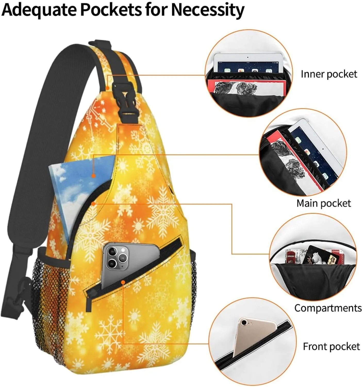 Orange Tone Snowflakes Christmas Cross Chest Bag Diagonally Hiking Crossbody Bag Travel Shoulder Daypack Lightweight Sling Backpack Cycling Daypacks Fitness Chest Backpacks