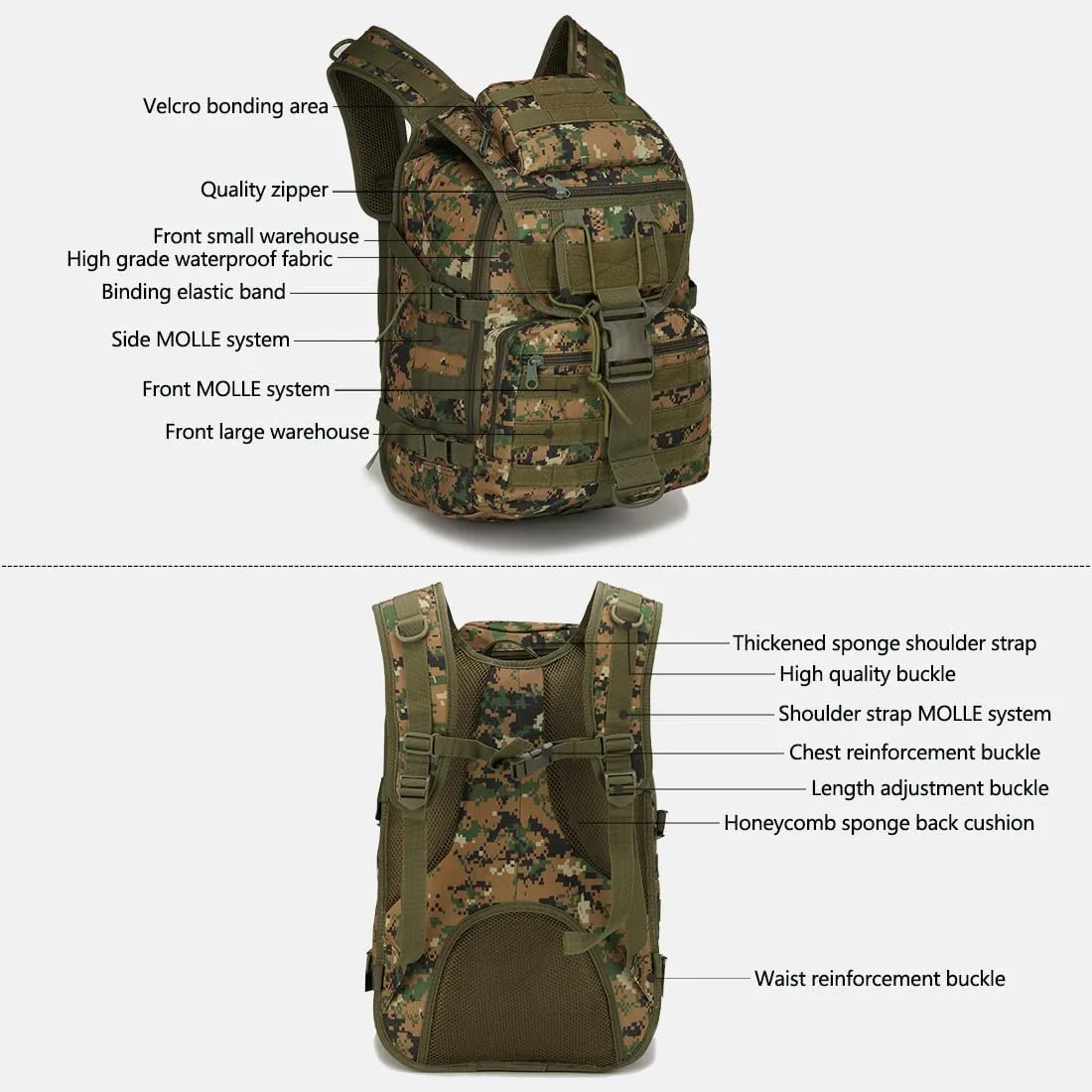 Outdoor Tactical Backpack Military Molle Bag Hiking Daypacks for Camping Trekking Hunting Traveling Motorcycle (CP Color)