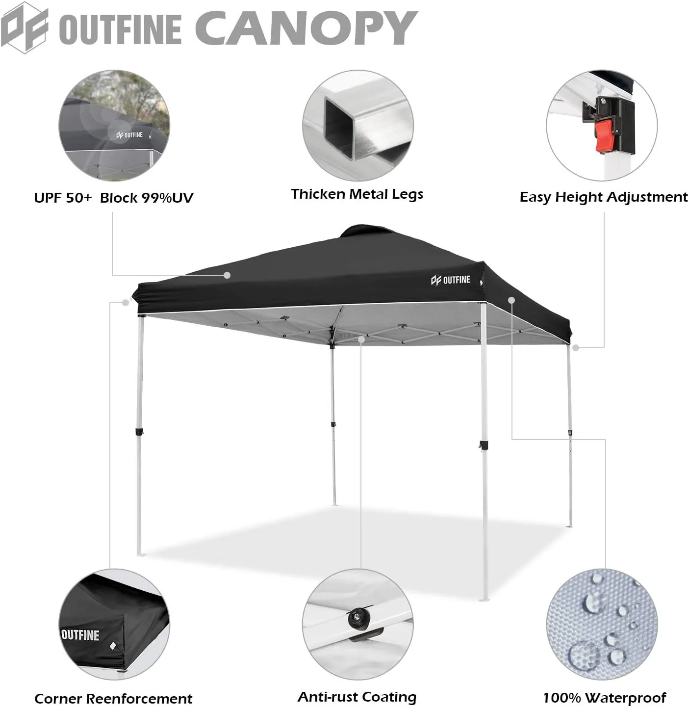 OUTFINE Pop-up Canopy 10x10 Patio Tent Instant Gazebo Canopy with Wheeled Bag,Canopy Sandbags x4,Tent Stakesx8 (Black, 10 * 10FT)