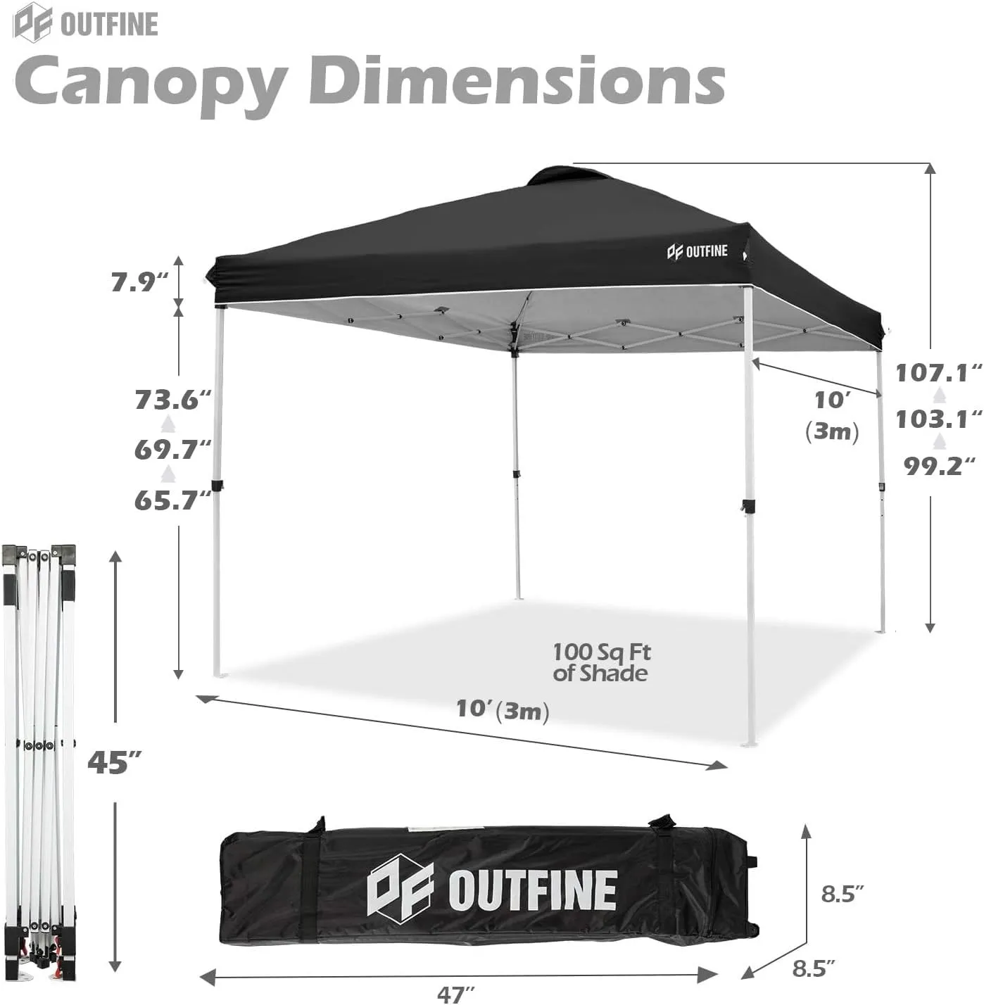 OUTFINE Pop-up Canopy 10x10 Patio Tent Instant Gazebo Canopy with Wheeled Bag,Canopy Sandbags x4,Tent Stakesx8 (Black, 10 * 10FT)