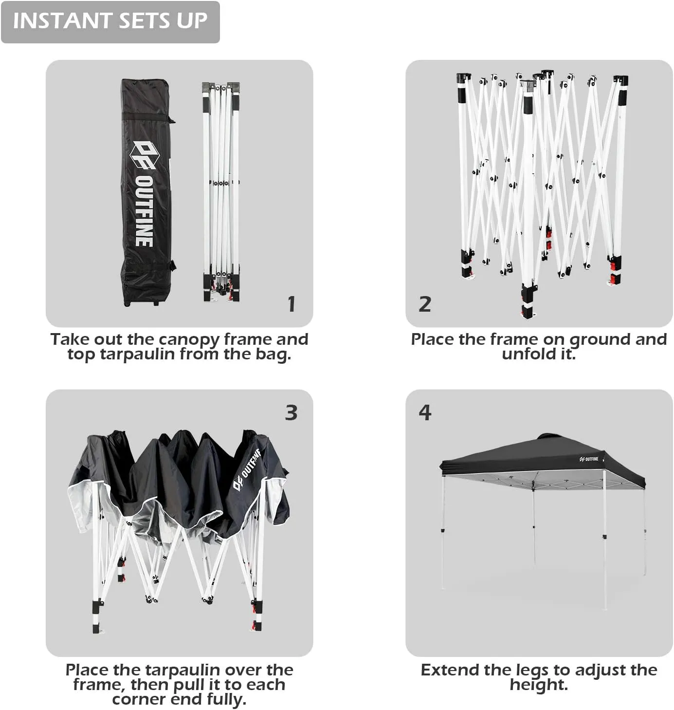 OUTFINE Pop-up Canopy 10x10 Patio Tent Instant Gazebo Canopy with Wheeled Bag,Canopy Sandbags x4,Tent Stakesx8 (Black, 10 * 10FT)