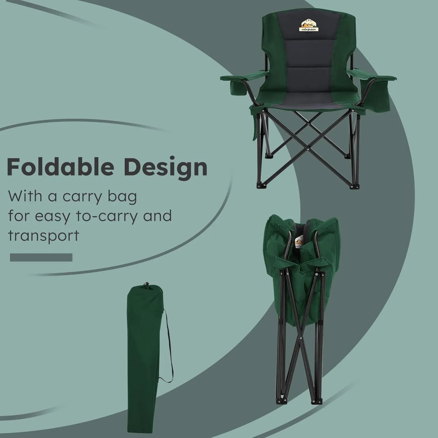 Oversized Camping Chairs 2 Pack - 450lbs Support Heavy Duty Folding Camp Chair Wide Portable Outside Collapsible Chairs with Carry Bag,Cooler,Cup Holder for Outdoor,Lawn,Sports,Baseball,Soccer-Green