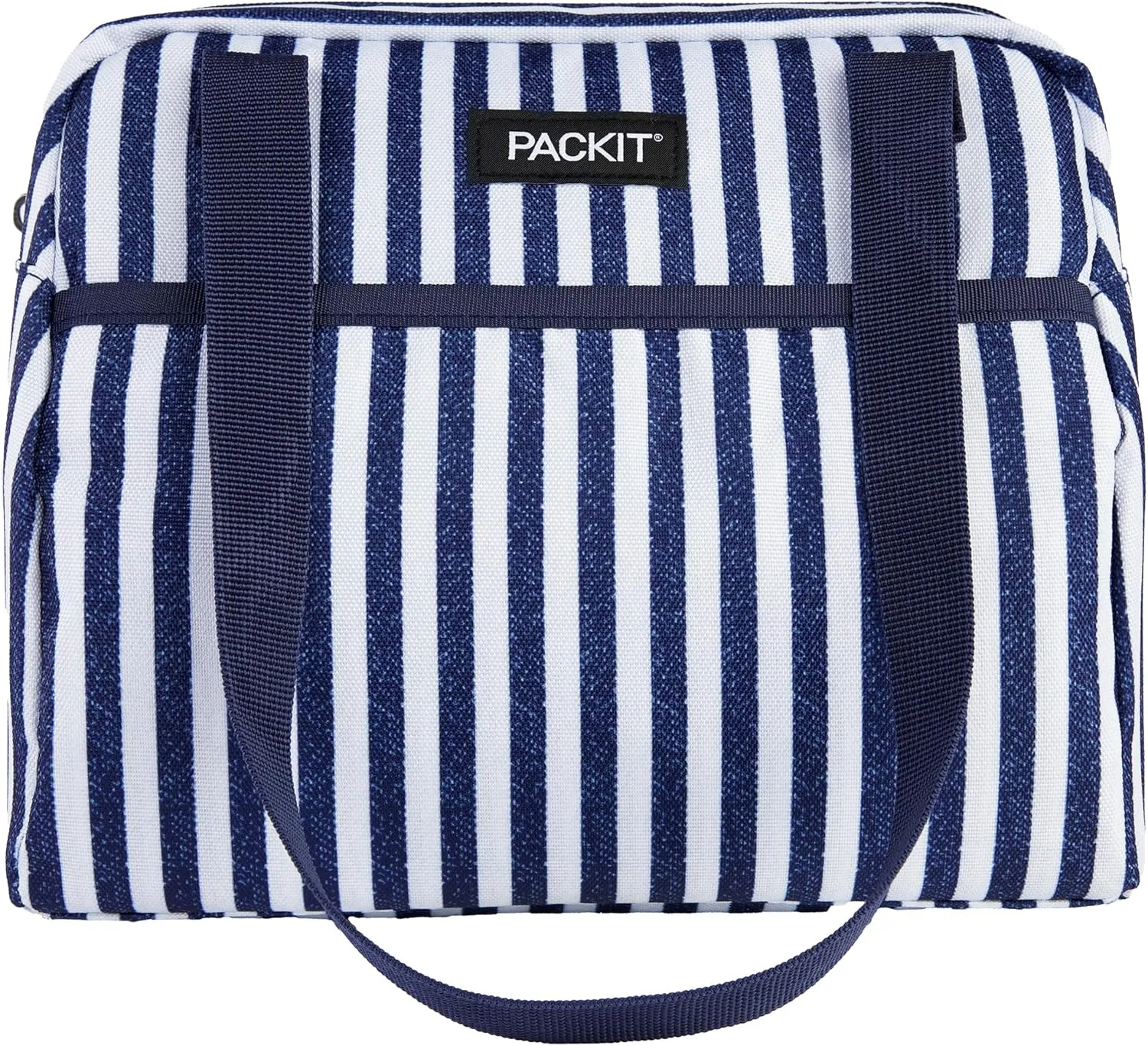PackIt®️ Freezable Hampton Lunch Bag, Seaside Stripe, Built with ECOFREEZE® Technology, Collapsible, Reusable, Zip Closure with Front Pocket and Shoulder Straps, Designed for Fresh Office Lunches