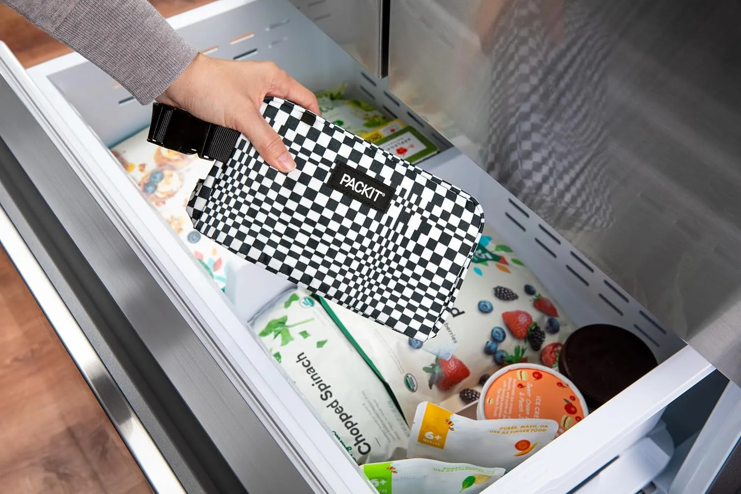 PackIt Freezable Snack Box, Checked Out, Built with ECOFREEZE Technology, Collapsible, Reusable, Zip Closure with Buckle Handle, Designed For Work Snacks, Fresh Snacks On the Go, Adults, and All Ages