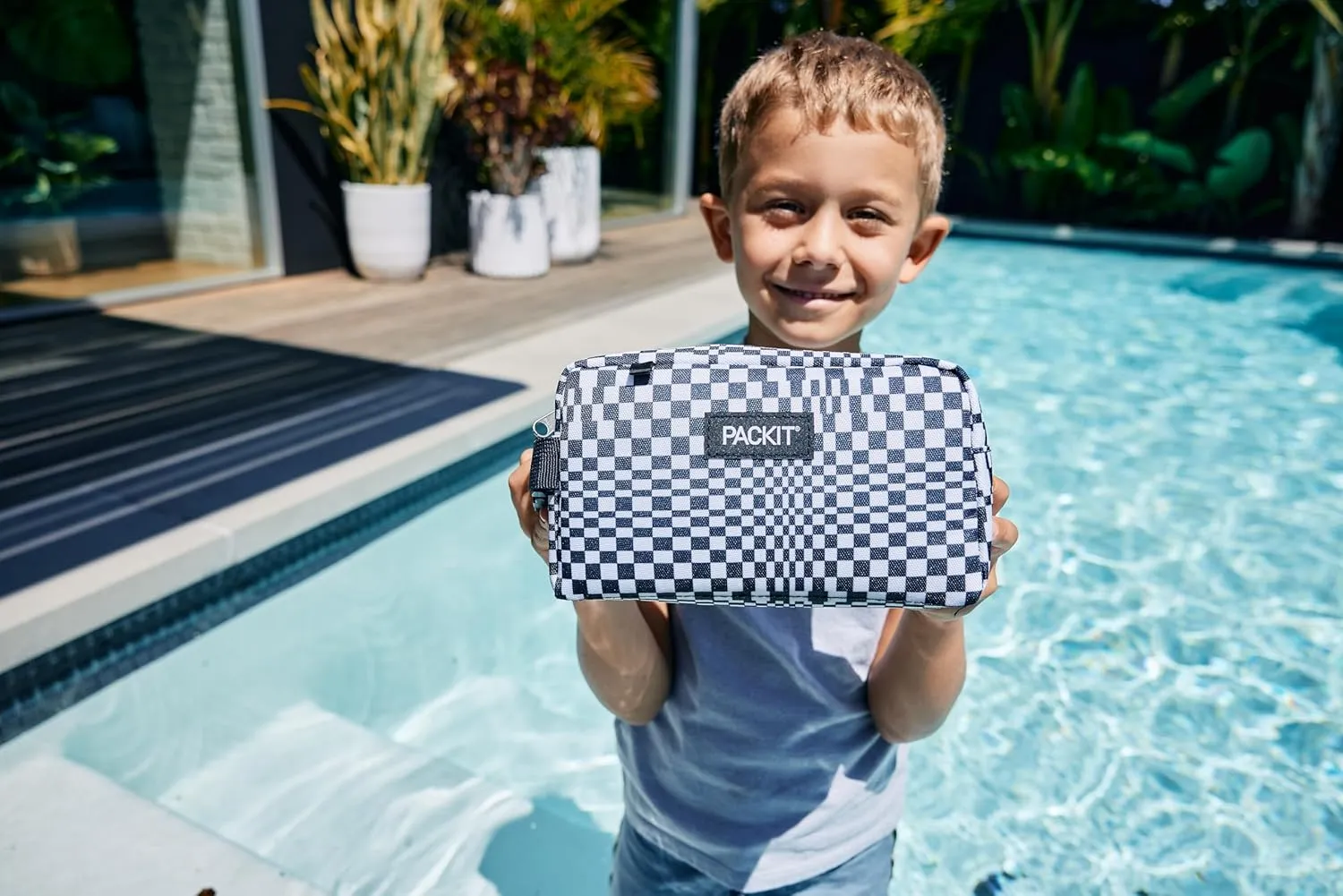 PackIt Freezable Snack Box, Checked Out, Built with ECOFREEZE Technology, Collapsible, Reusable, Zip Closure with Buckle Handle, Designed For Work Snacks, Fresh Snacks On the Go, Adults, and All Ages