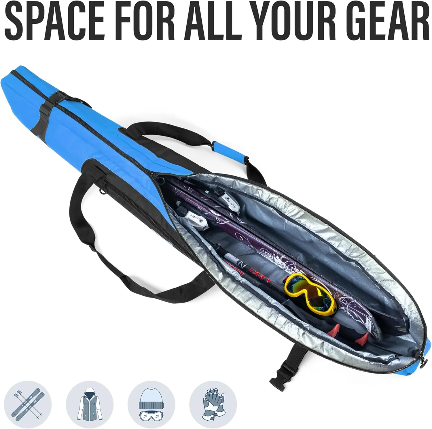 Padded Ski Bag For Air Travel - Waterproof, Up to 175 CM Skis