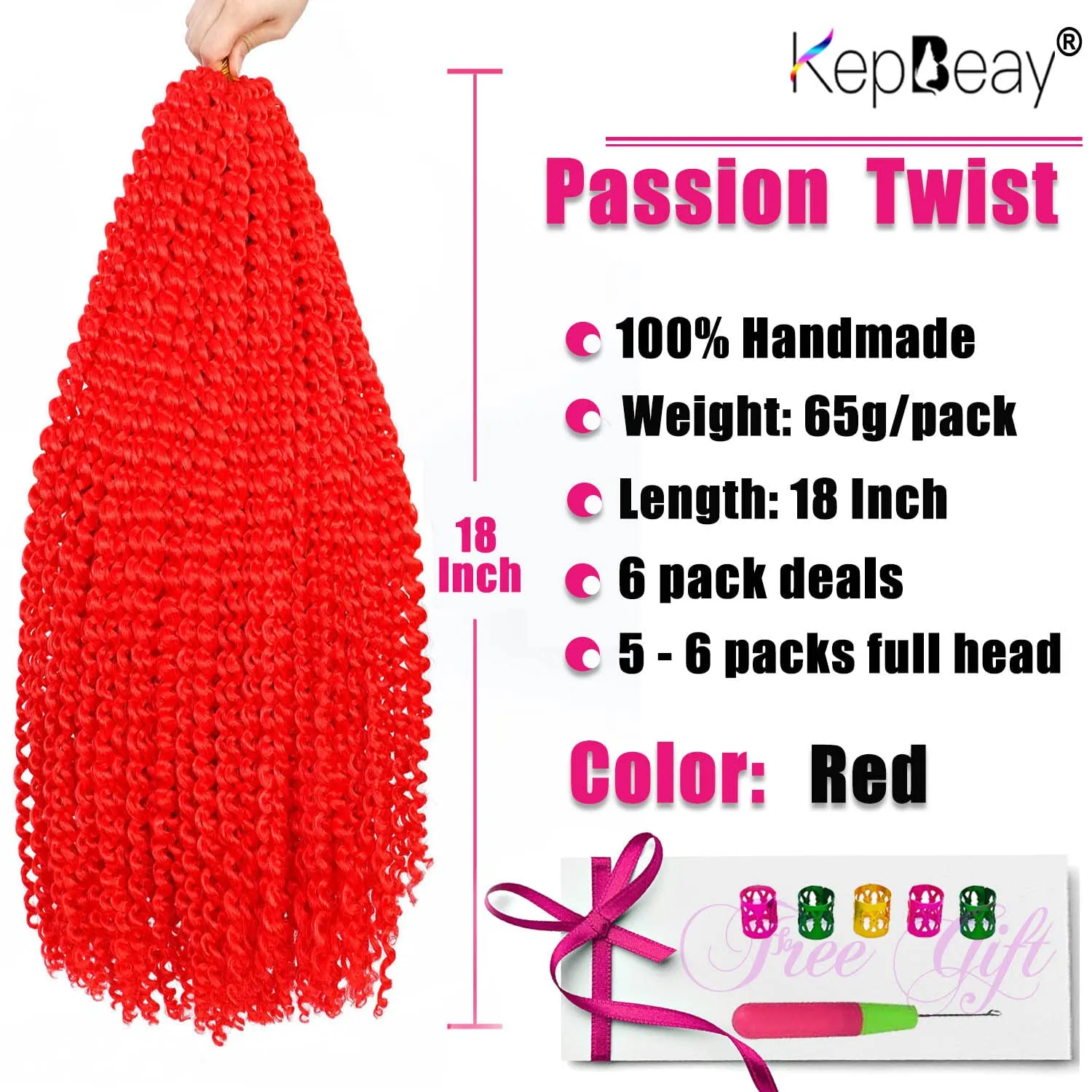 Passion Twist Hair 18Inch 6Packs Passion Twist Crochet Hair Water Wave Crochet Hair for Black Women (18 Inch (Pack of 6), Red) …
