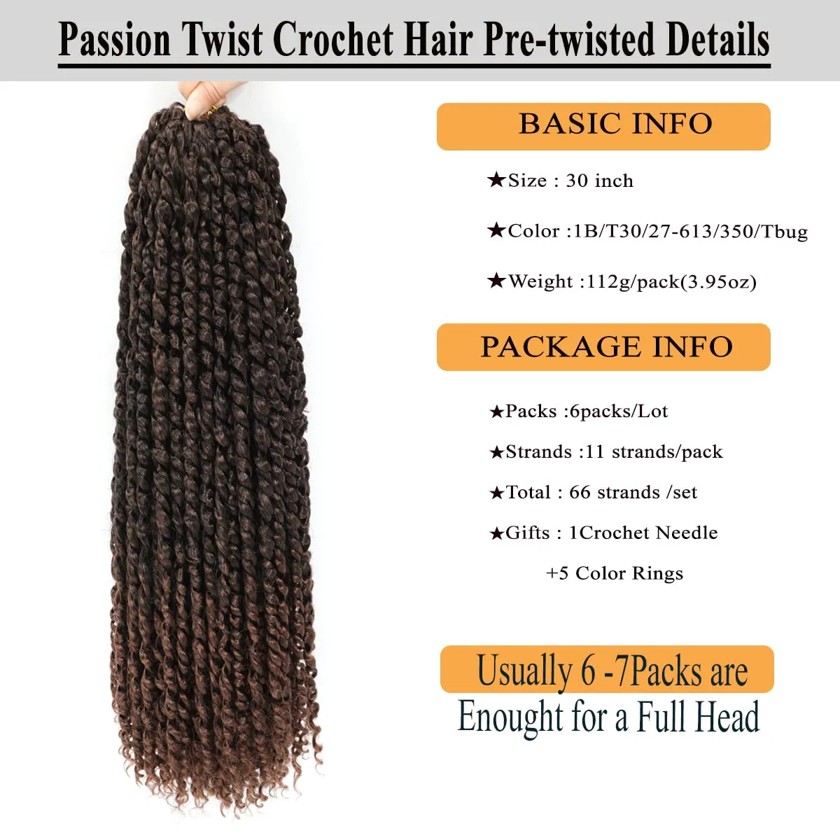 Passion Twist Hair 30 Inch Long Pre-twisted Passion Twists Crochet Hair Pre-looped Curly Crochet Hair for Black Women (6Packs,T30)
