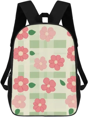 Pastoral Red Flower Green Plaid 17 Inch Travel Backpack Casual Daypacks Computer Shoulder Bag for Work Shopping Unisex