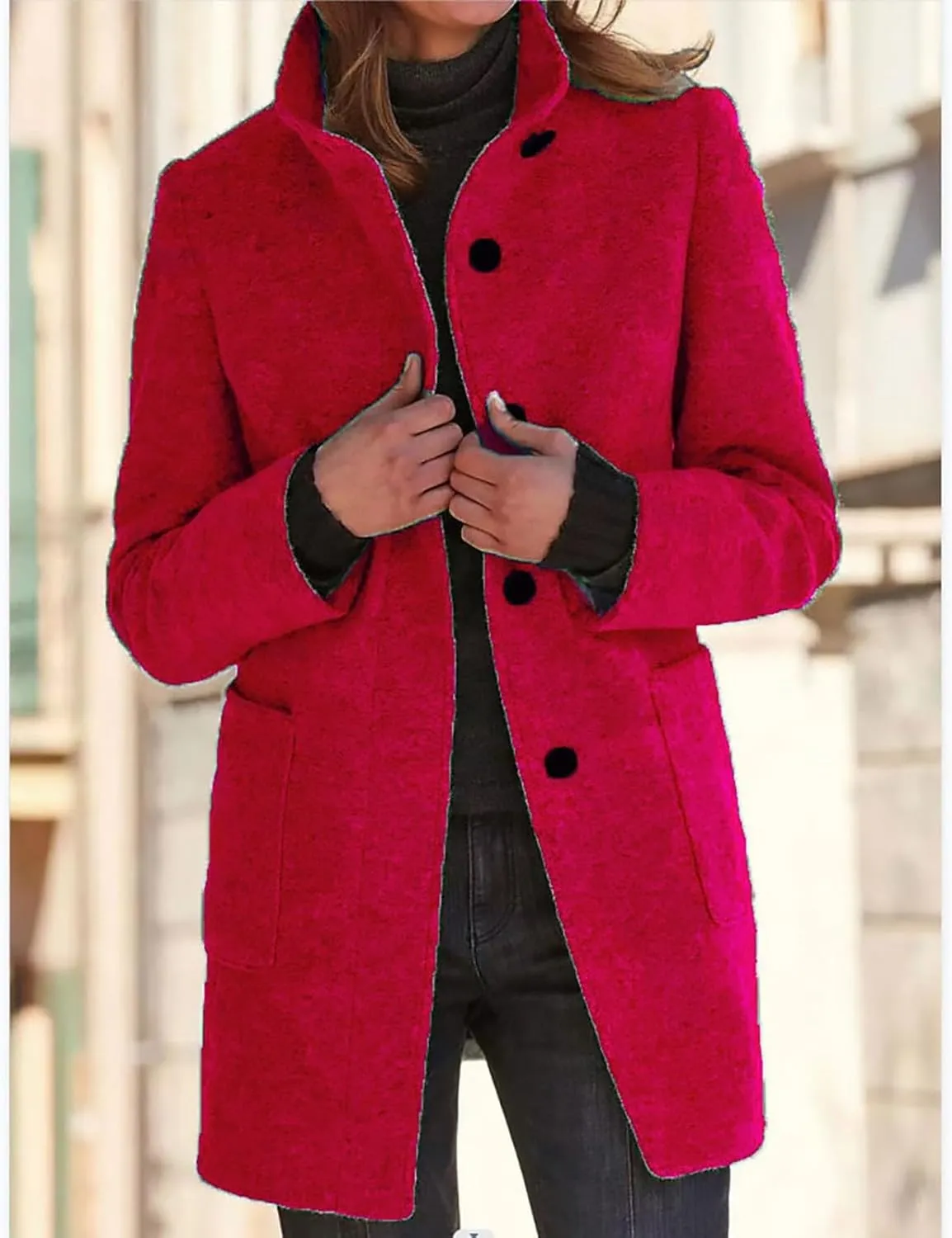 Pea Coats for Women Winter Stand Collar Wool Long Trench Coats Casual Single Breasted Blazer Thicken Peacoat Jackets