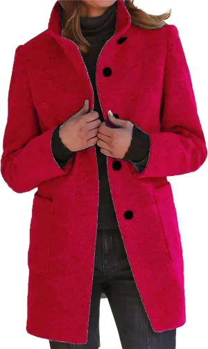 Pea Coats for Women Winter Stand Collar Wool Long Trench Coats Casual Single Breasted Blazer Thicken Peacoat Jackets