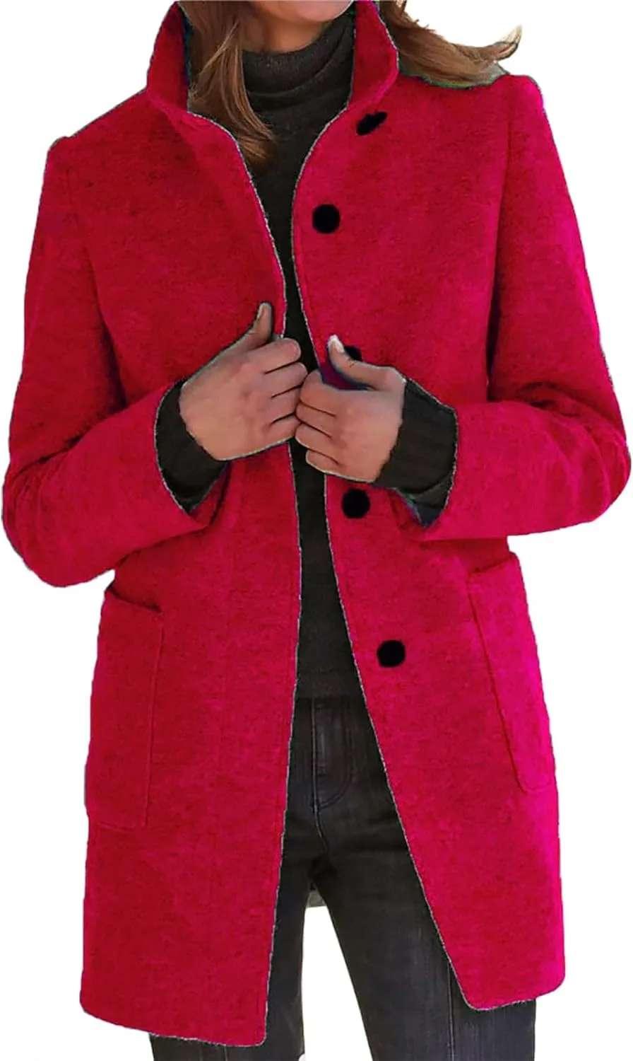 Pea Coats for Women Winter Stand Collar Wool Long Trench Coats Casual Single Breasted Blazer Thicken Peacoat Jackets