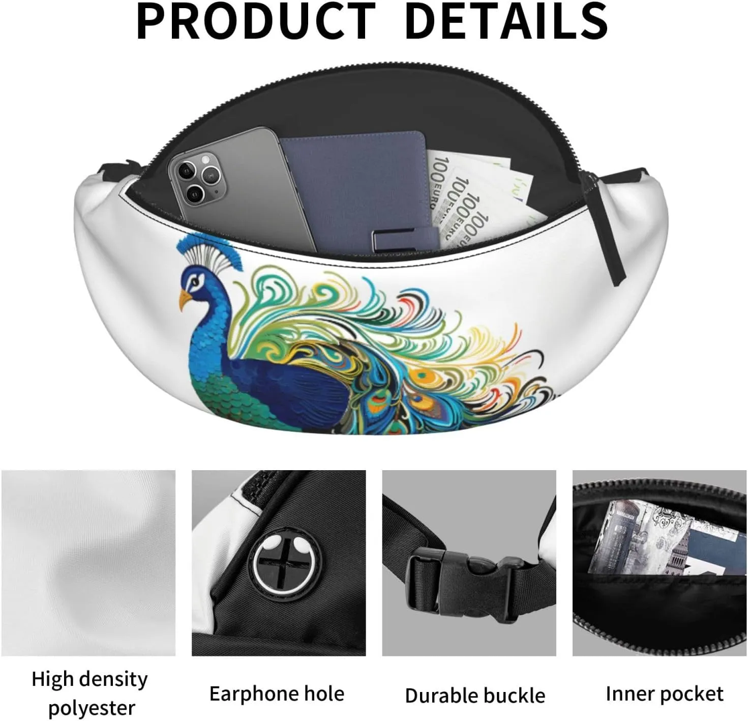 Peacock pattern Fanny Pack for Man Women Waist Bag Adjustable Belt Casual Chest Bag Bum Bags for Travel Sports Running Hiking Waist Packs