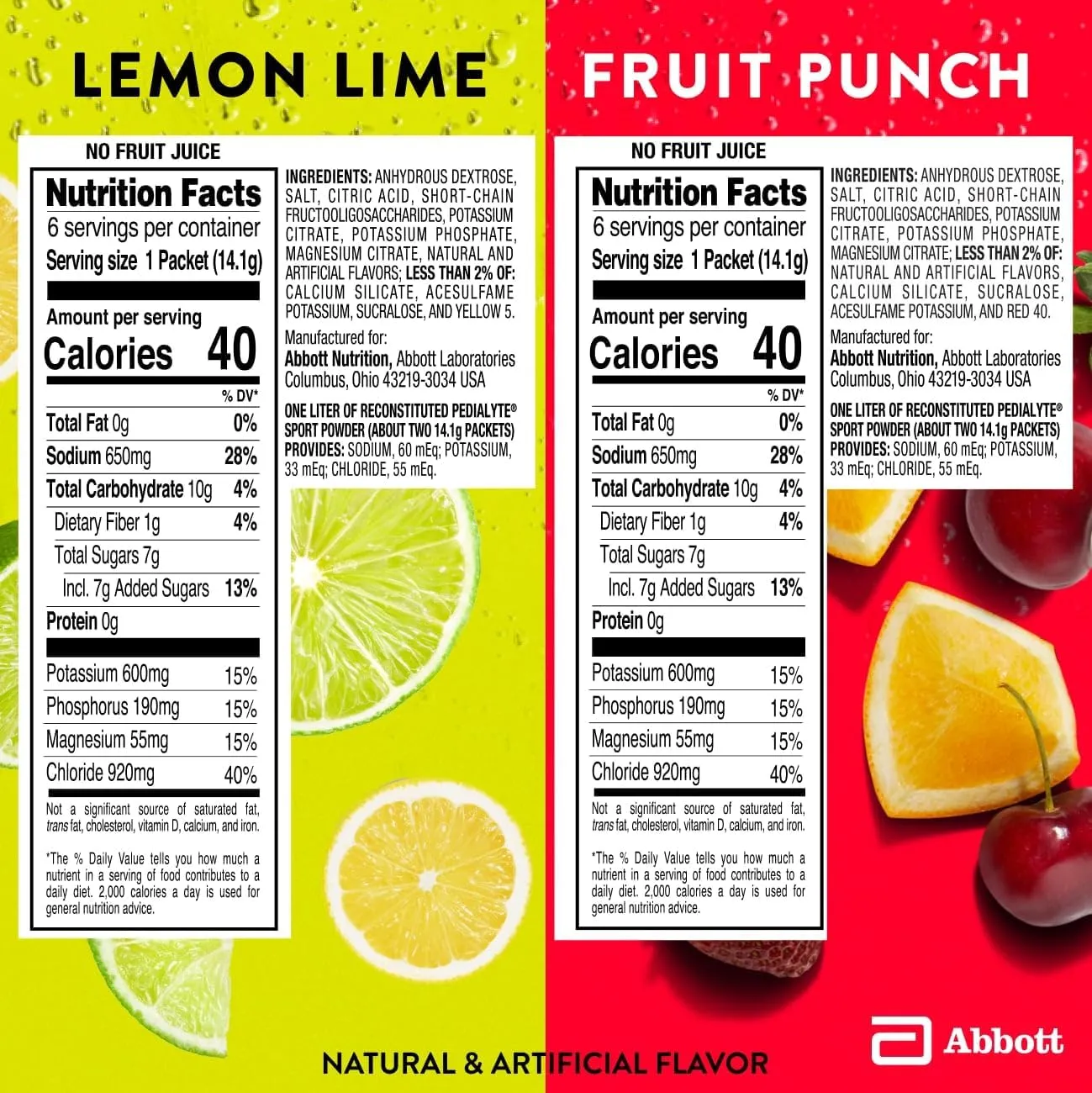 Pedialyte Sport Electrolyte Powder, Fast Hydration with 5 Key Electrolytes for Muscle Support Before, During, & After Exercise, 12 Lemon Lime & 12 Fruit Punch, 0.49-oz Packets (24 Count)