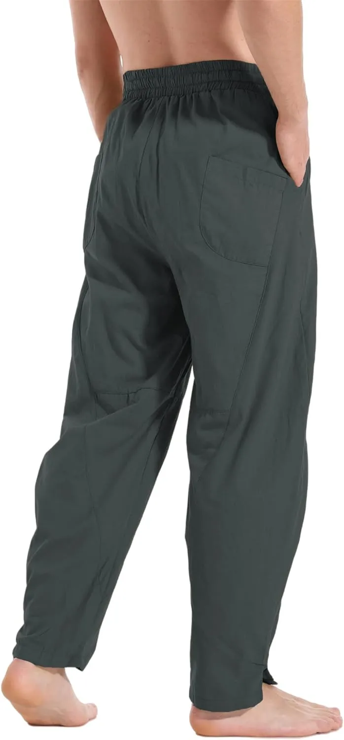 perdontoo Men's Linen Cotton Loose Fit Casual Lightweight Elastic Waist Summer Beach Pants