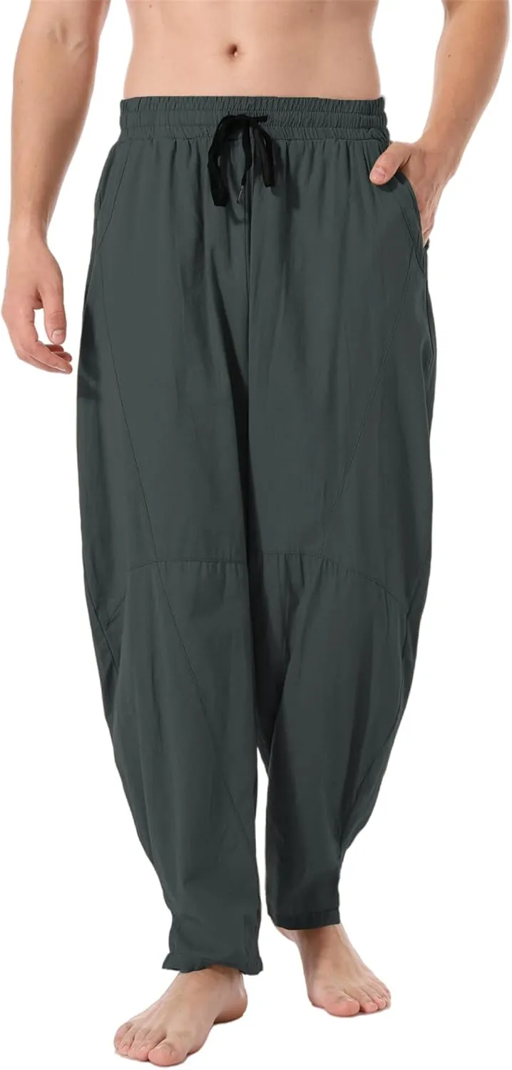 perdontoo Men's Linen Cotton Loose Fit Casual Lightweight Elastic Waist Summer Beach Pants