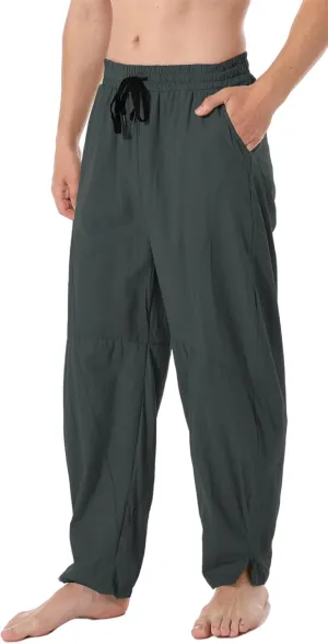 perdontoo Men's Linen Cotton Loose Fit Casual Lightweight Elastic Waist Summer Beach Pants