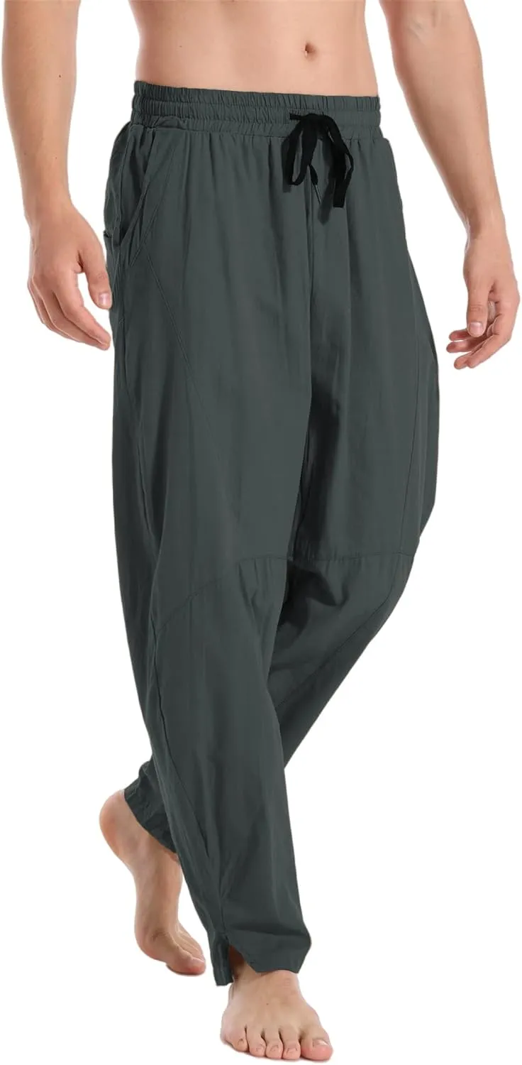 perdontoo Men's Linen Cotton Loose Fit Casual Lightweight Elastic Waist Summer Beach Pants
