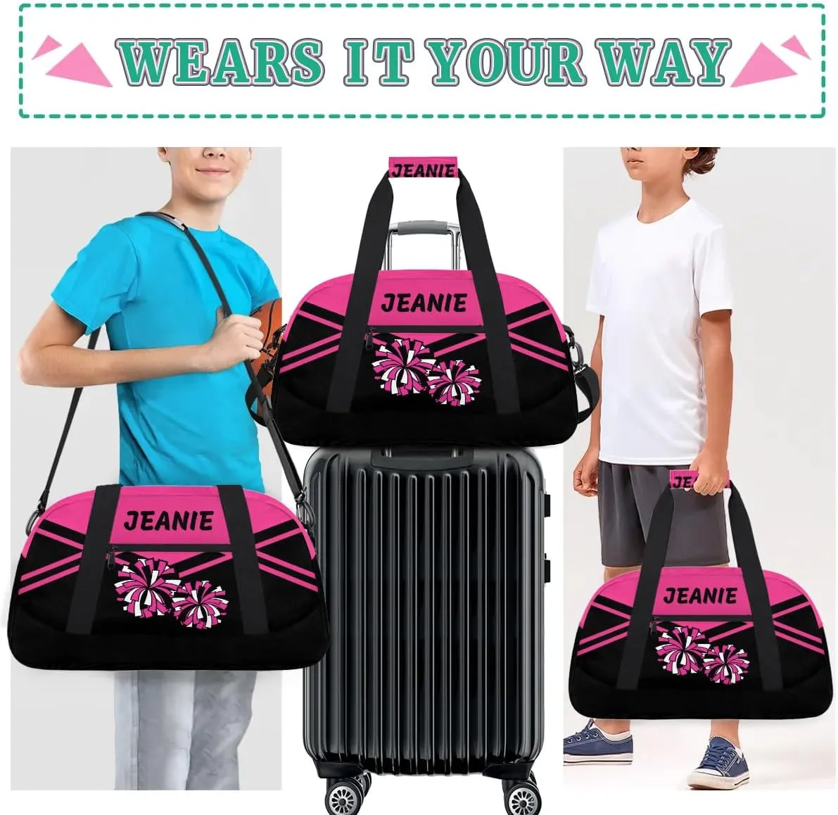 Personalize Cheer Bags for Girls Kids Cheerleaders with Custom Name Dancing Sport Gym Perform Training Duffel Bags for Overnight Weekender Travel Pink Black 1