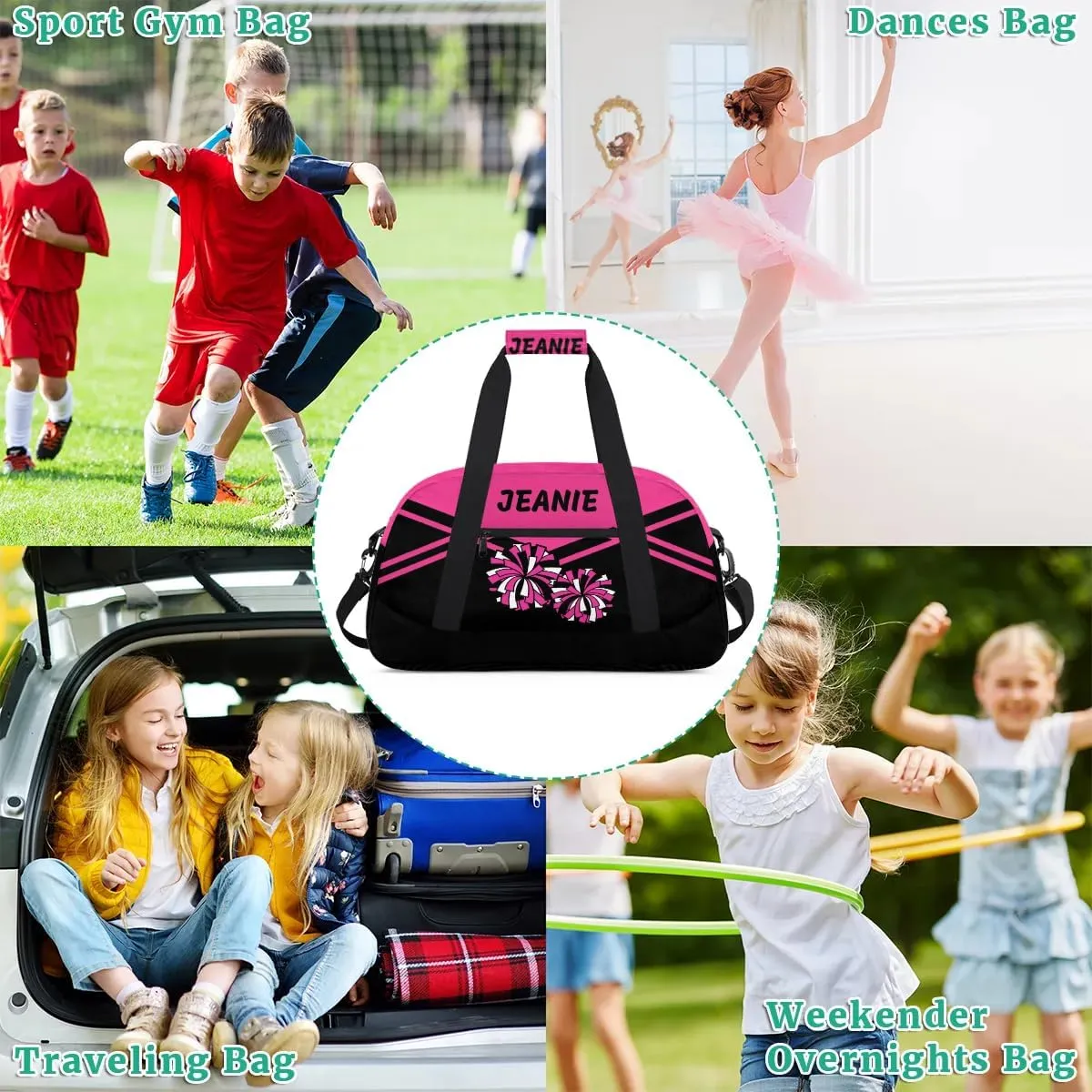 Personalize Cheer Bags for Girls Kids Cheerleaders with Custom Name Dancing Sport Gym Perform Training Duffel Bags for Overnight Weekender Travel Pink Black 1